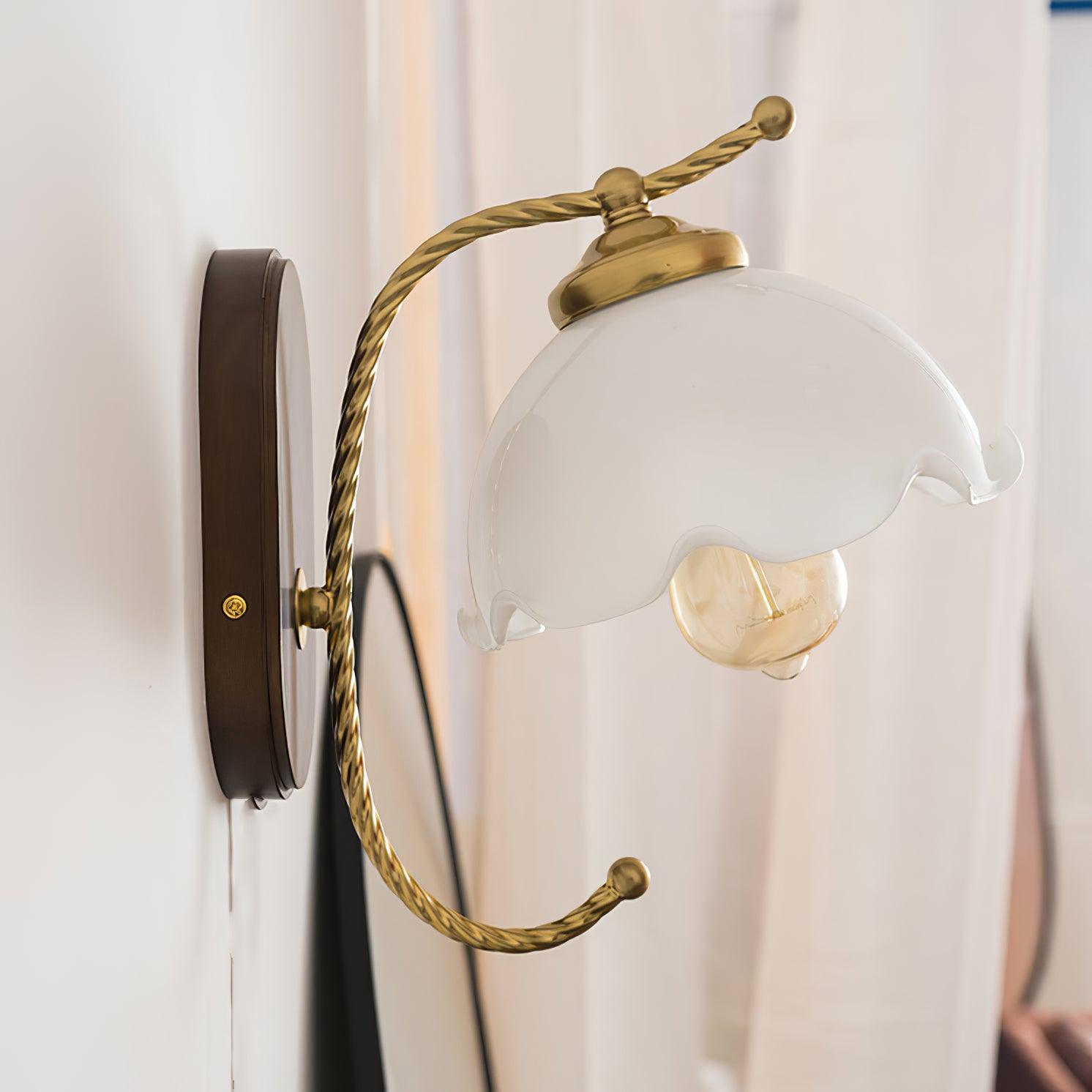 Modern Milky Flower Wall Sconce with Glass Shade and Wood Base Indoor Wall Lamp Set of Two