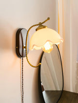 Modern Milky Flower Wall Sconce with Glass Shade and Wood Base Indoor Wall Lamp Set of Two