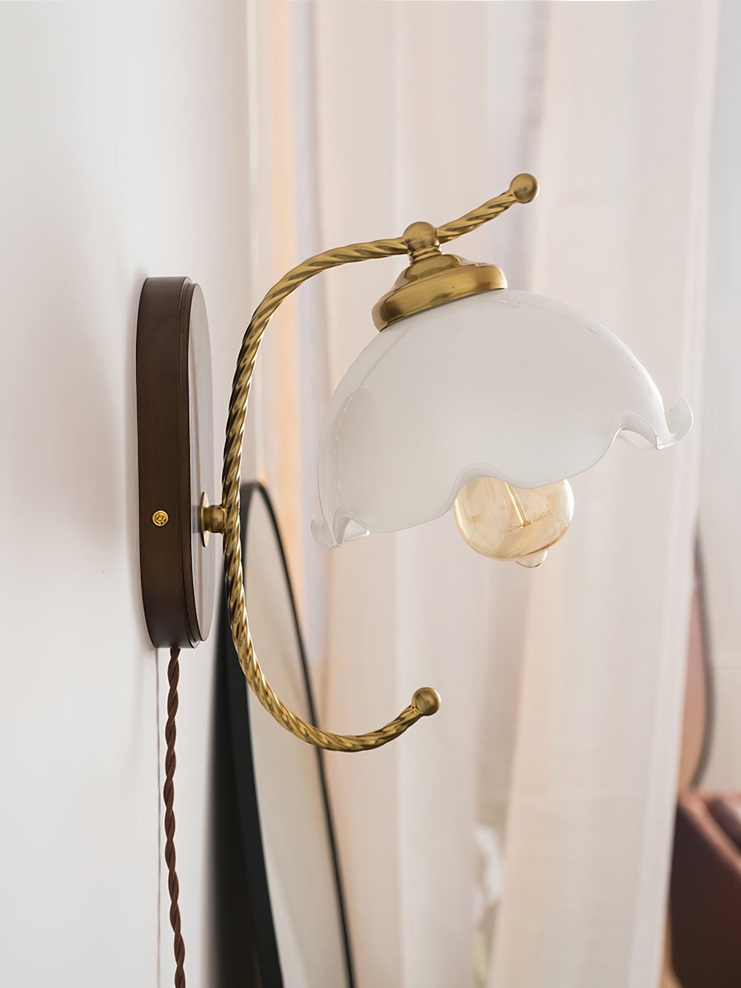 Modern Milky Flower Wall Sconce with Glass Shade and Wood Base Indoor Wall Lamp Set of Two