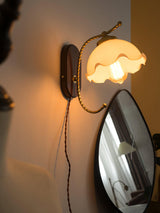 Modern Milky Flower Wall Sconce with Glass Shade and Wood Base Indoor Wall Lamp Set of Two