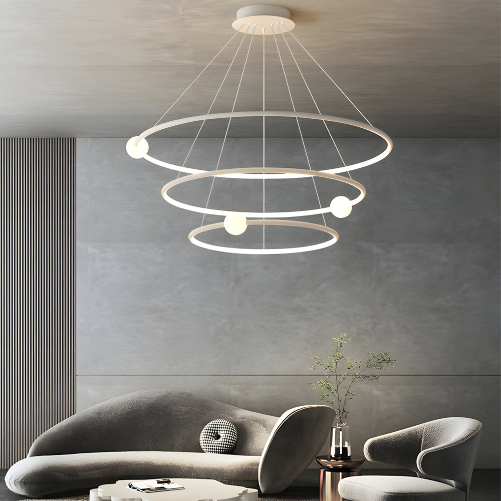 Modern Minimalist 3 Ring LED Pendant Lamp Dimmable Circular Chandelier in White or Black