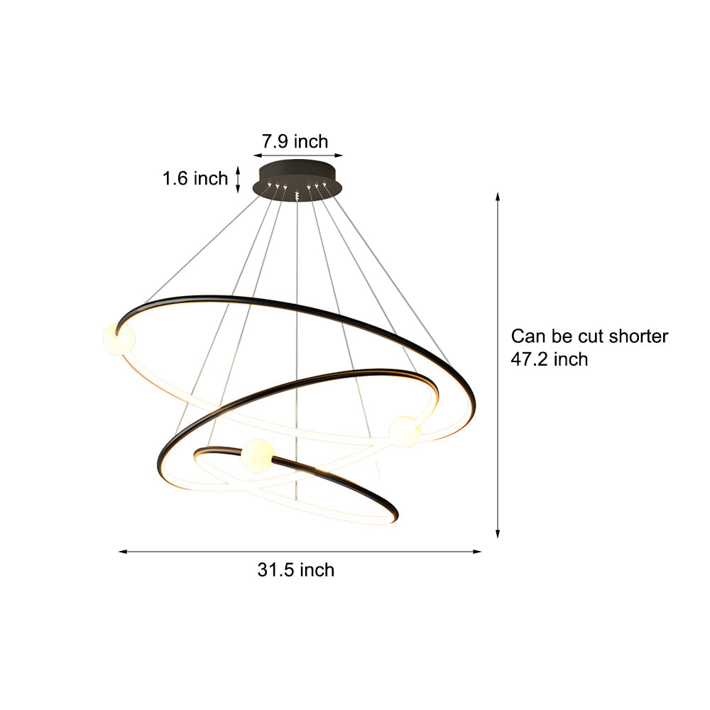 Modern Minimalist 3 Ring LED Pendant Lamp Dimmable Circular Chandelier in White or Black