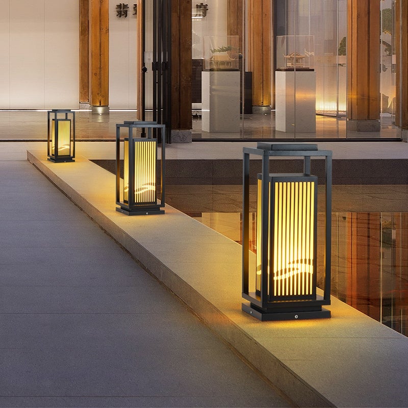 Modern Minimalist Black Solar LED Landscape Lantern with Striped Design Outdoor Path Light