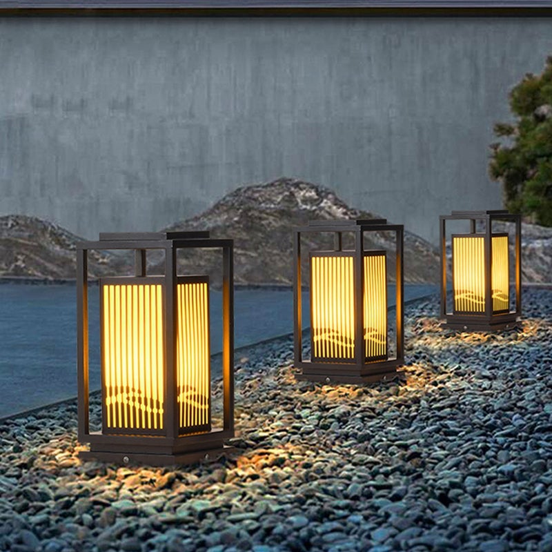 Modern Minimalist Black Solar LED Landscape Lantern with Striped Design Outdoor Path Light