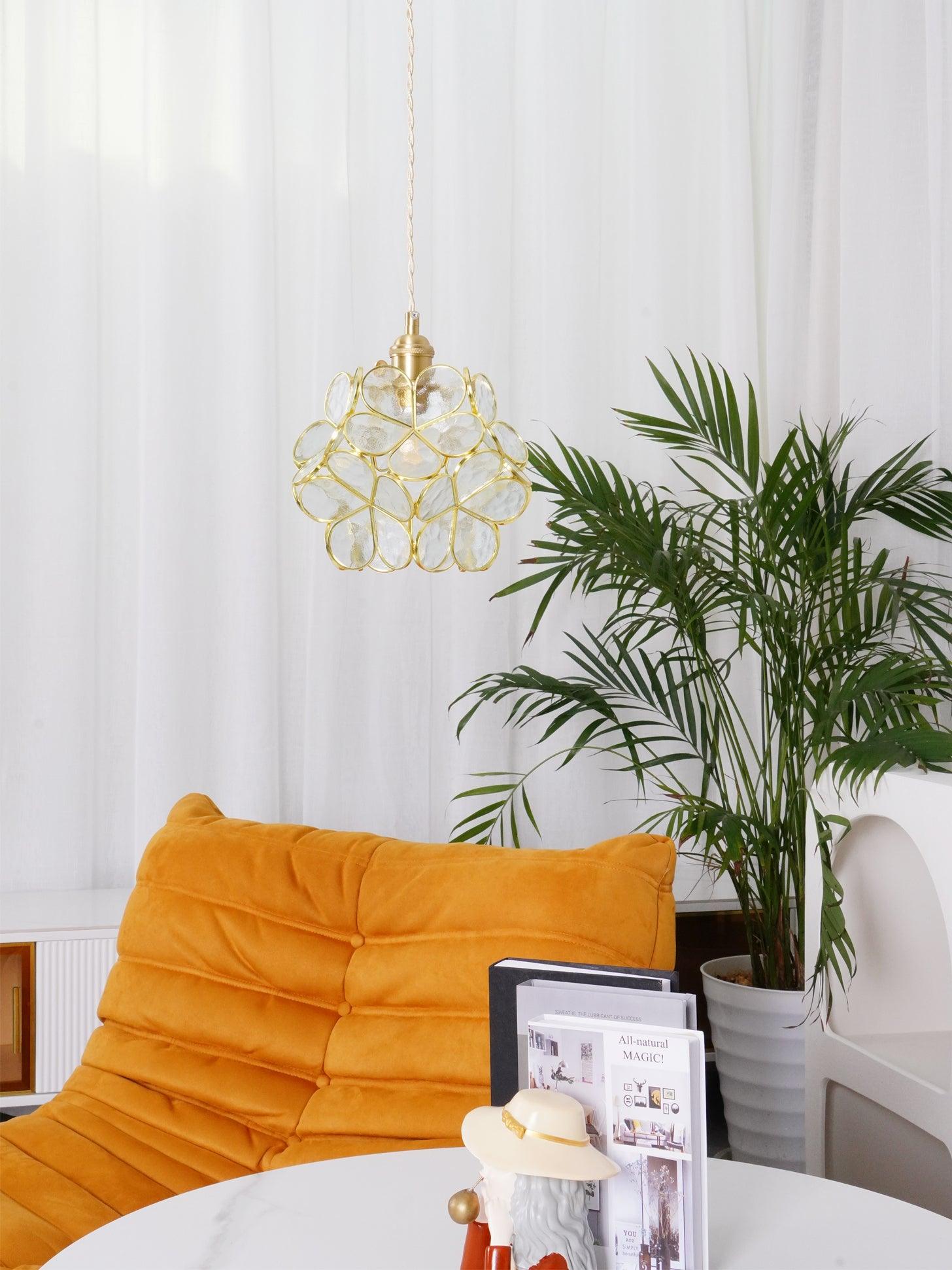 Modern Minimalist Glass Petal Pendant Lamp Brass Hanging Fixture for Kitchen Island
