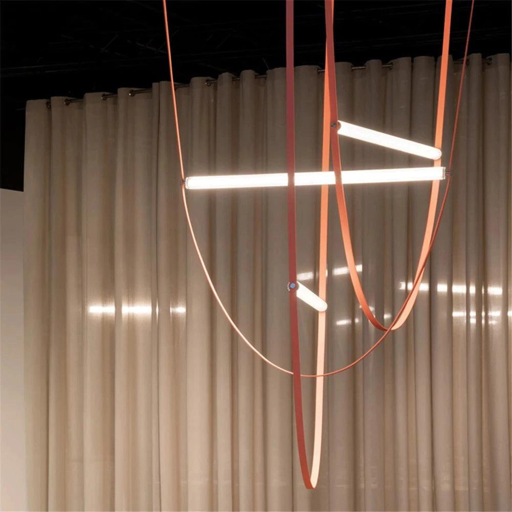Modern Minimalist Leather Belt Pendant Light with Linear LED Silicone Diffuser Suspension Lamp
