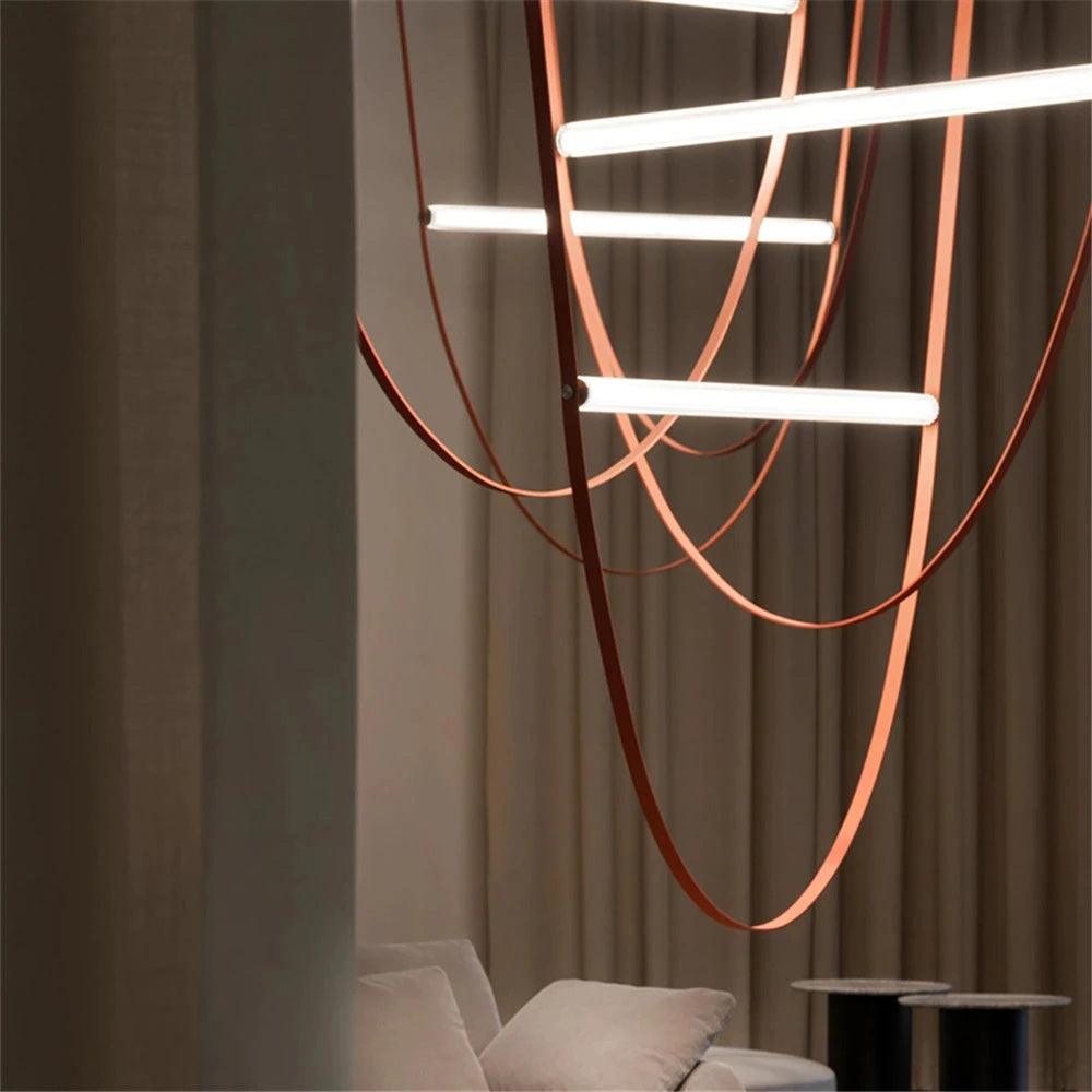 Modern Minimalist Leather Belt Pendant Light with Linear LED Silicone Diffuser Suspension Lamp