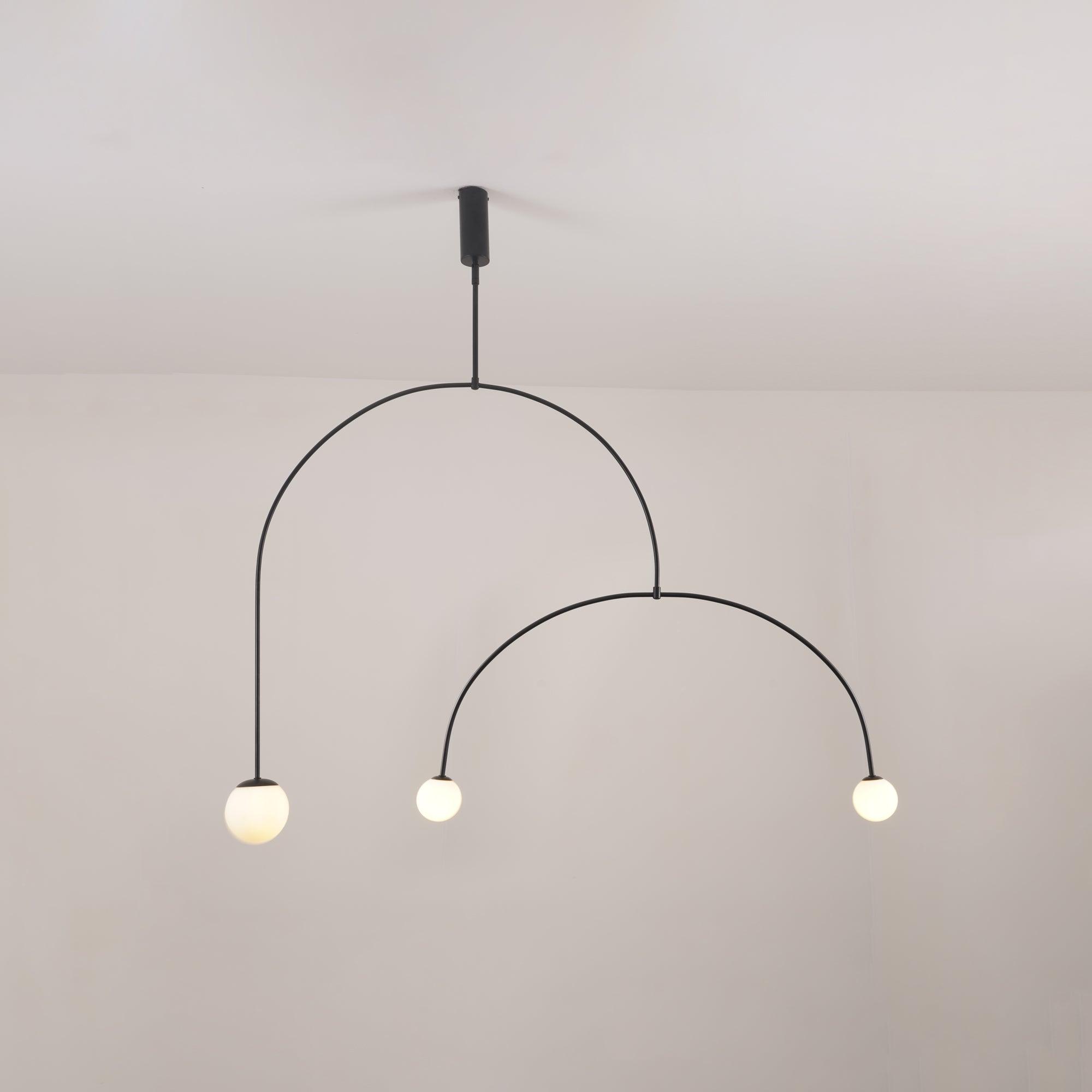 Modern Minimalist Linear Mobile Chandelier with Opal Glass Globes and Black Finish