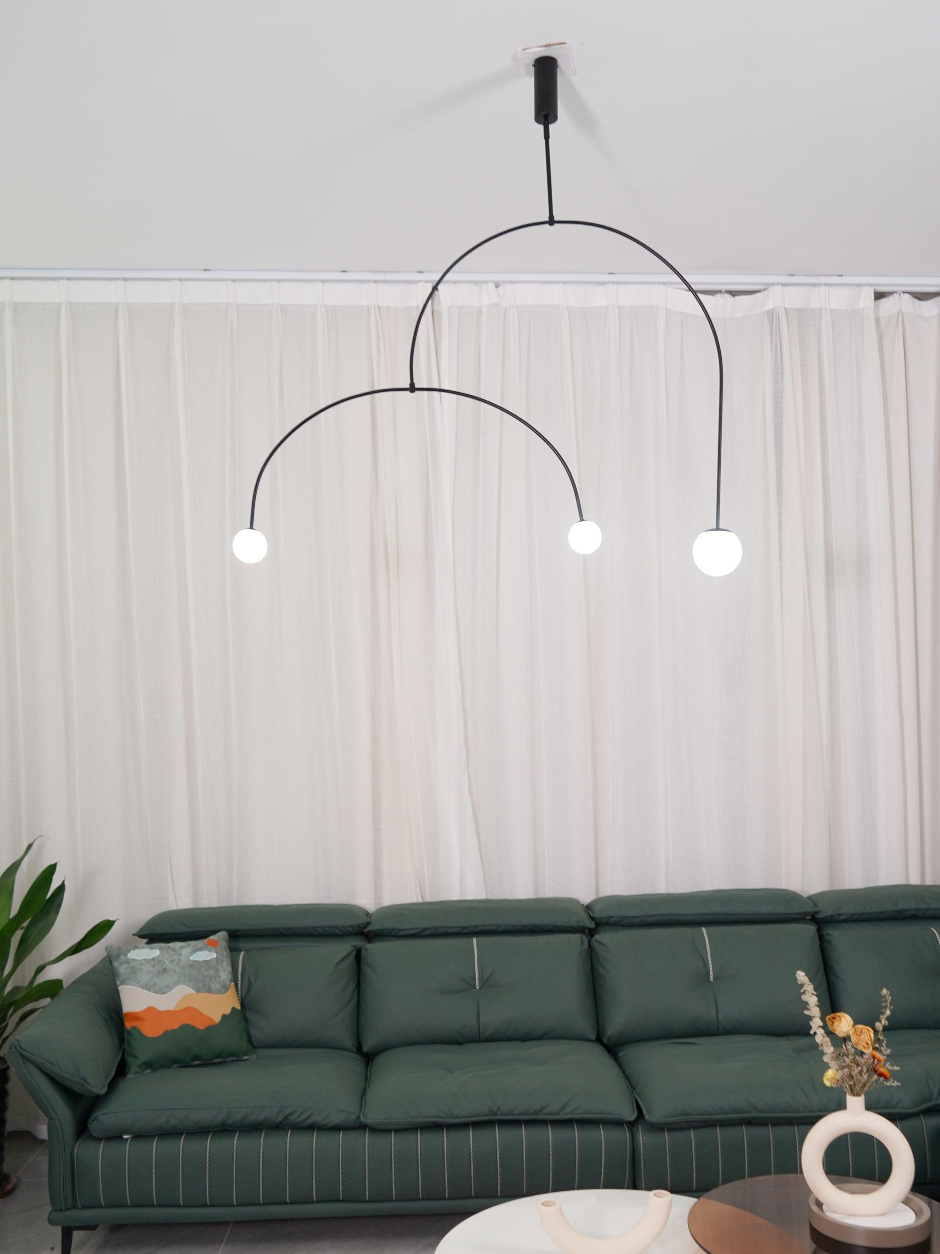 Modern Minimalist Linear Mobile Chandelier with Opal Glass Globes and Black Finish
