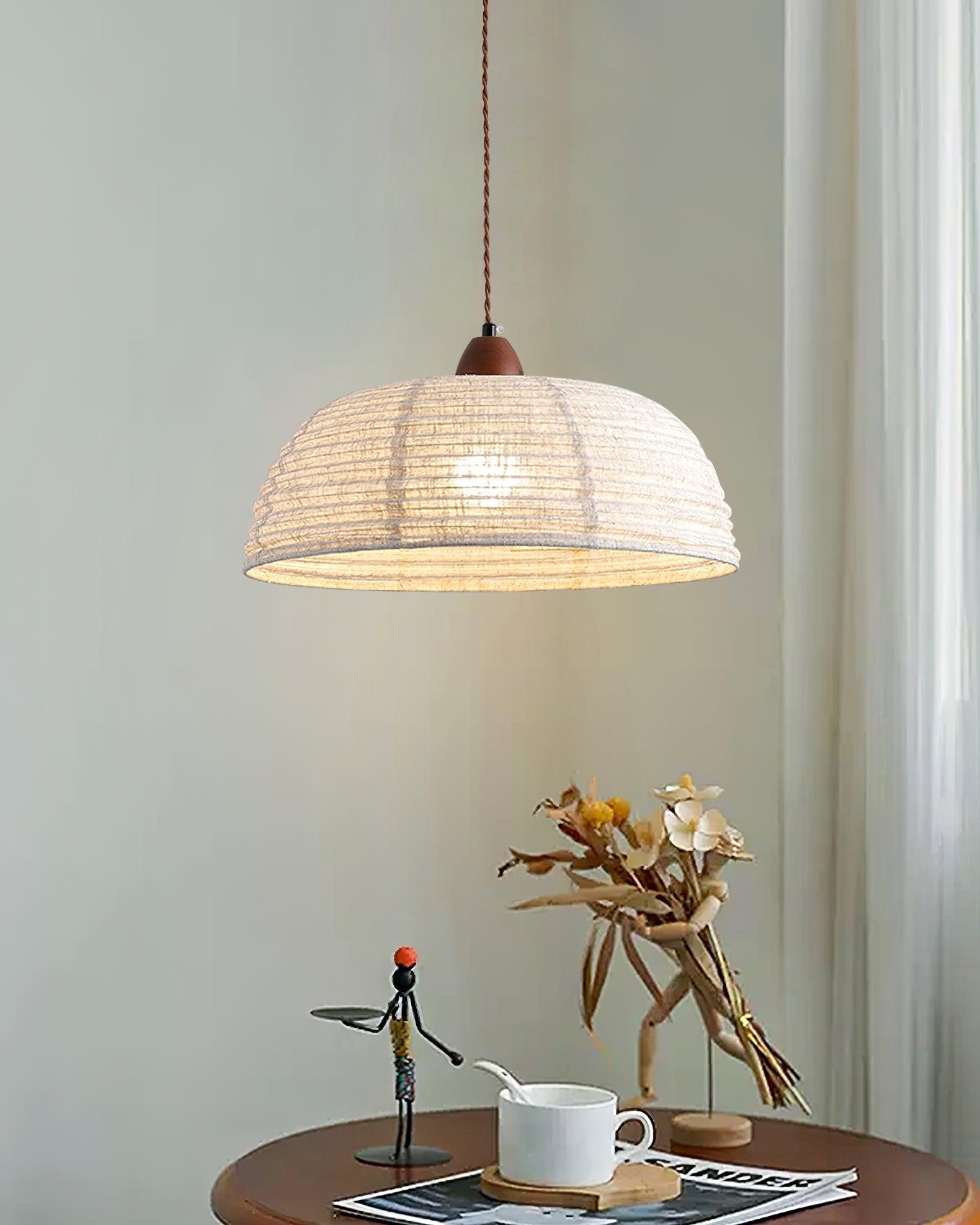 Modern Minimalist Walnut Wood and White Fabric Pendant Light for Dining and Living Areas