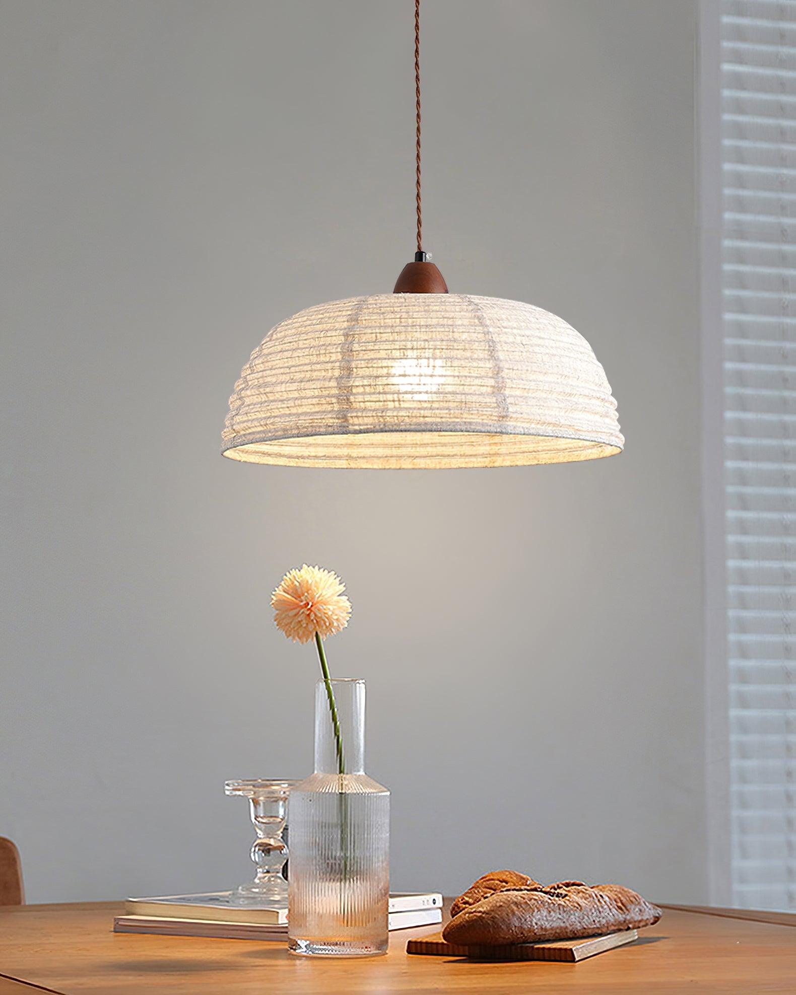 Modern Minimalist Walnut Wood and White Fabric Pendant Light for Dining and Living Areas