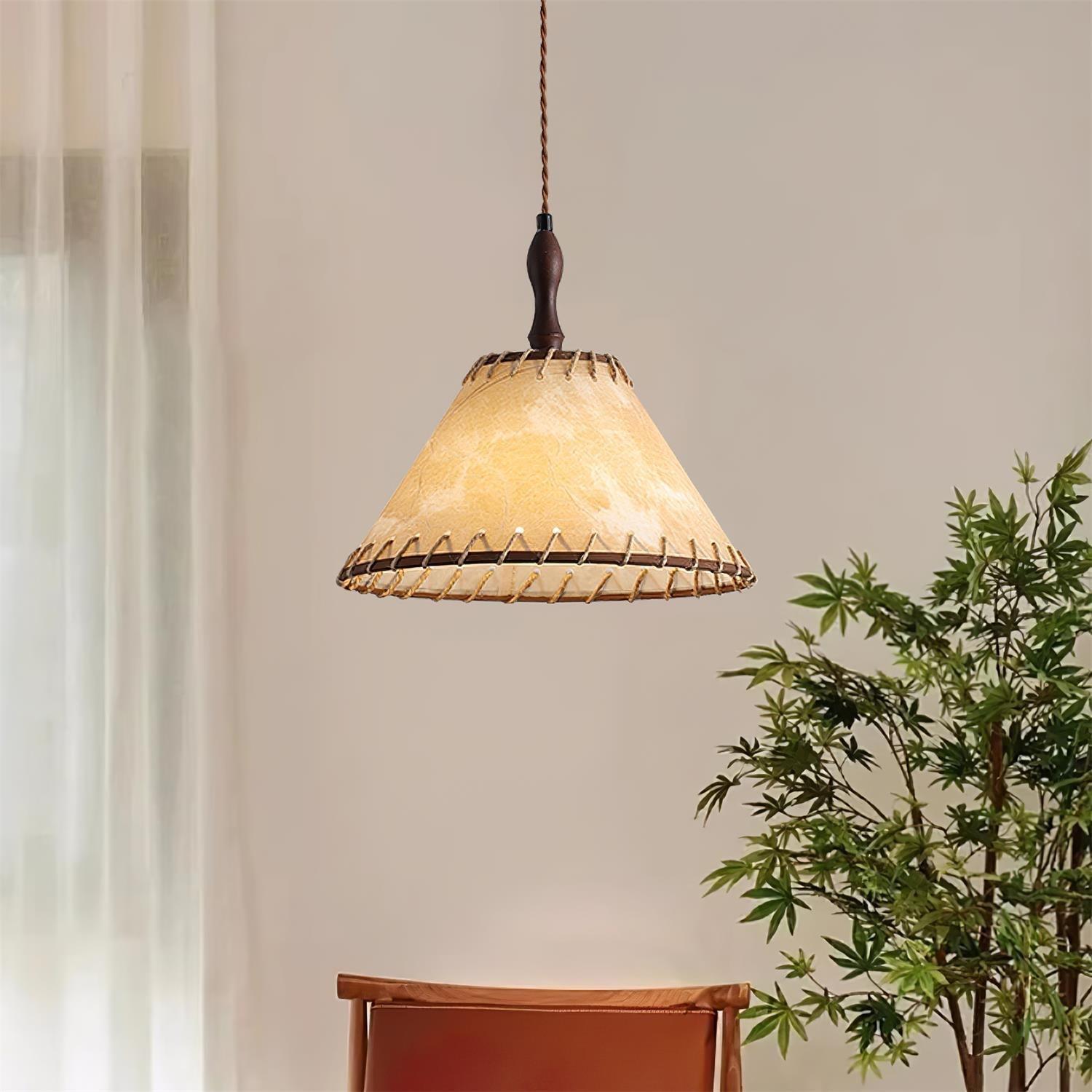 Modern Minimalist Walnut Wood and White Fabric Pendant Light for Dining and Living Areas