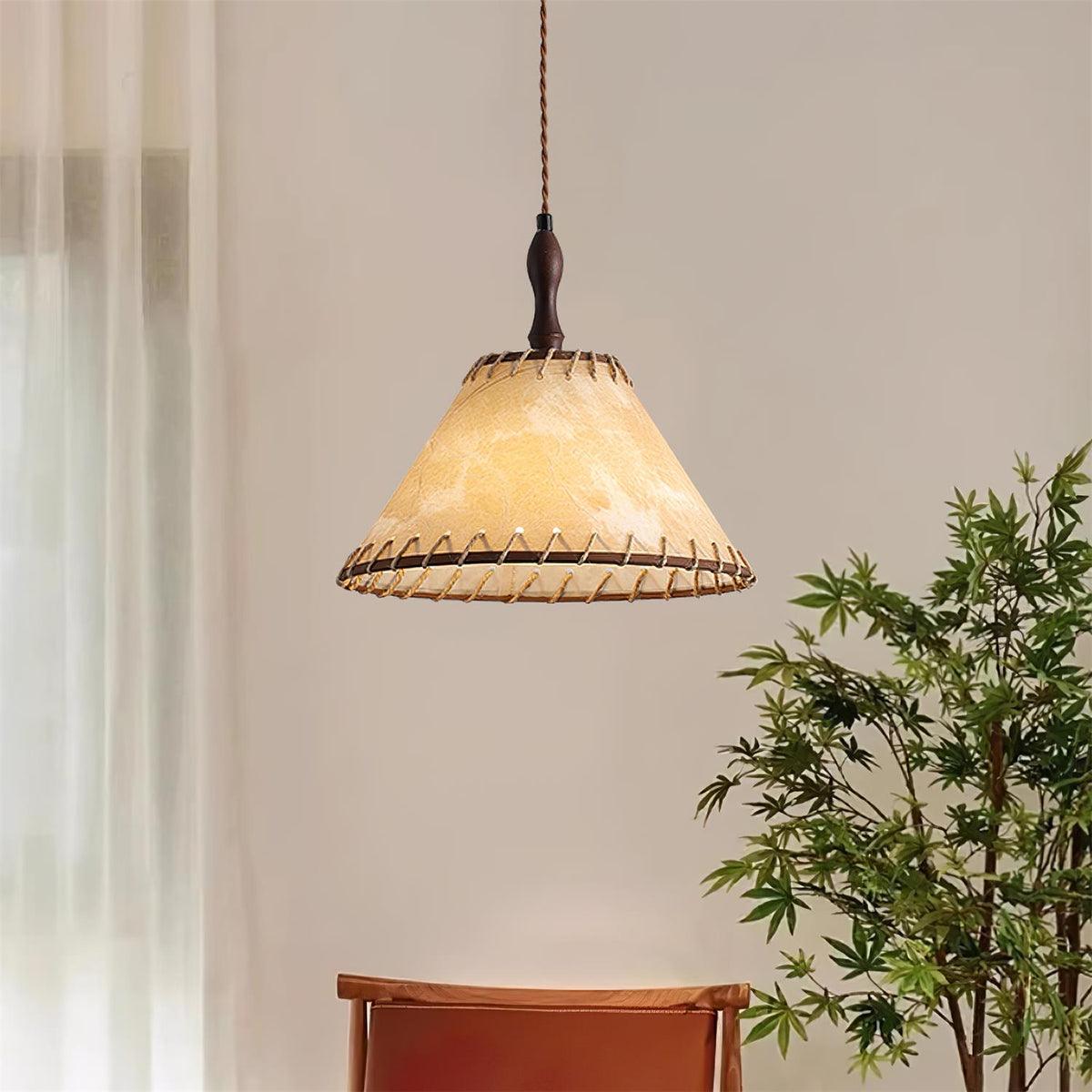 Modern Minimalist Walnut Wood and White Fabric Pendant Light for Dining and Living Areas