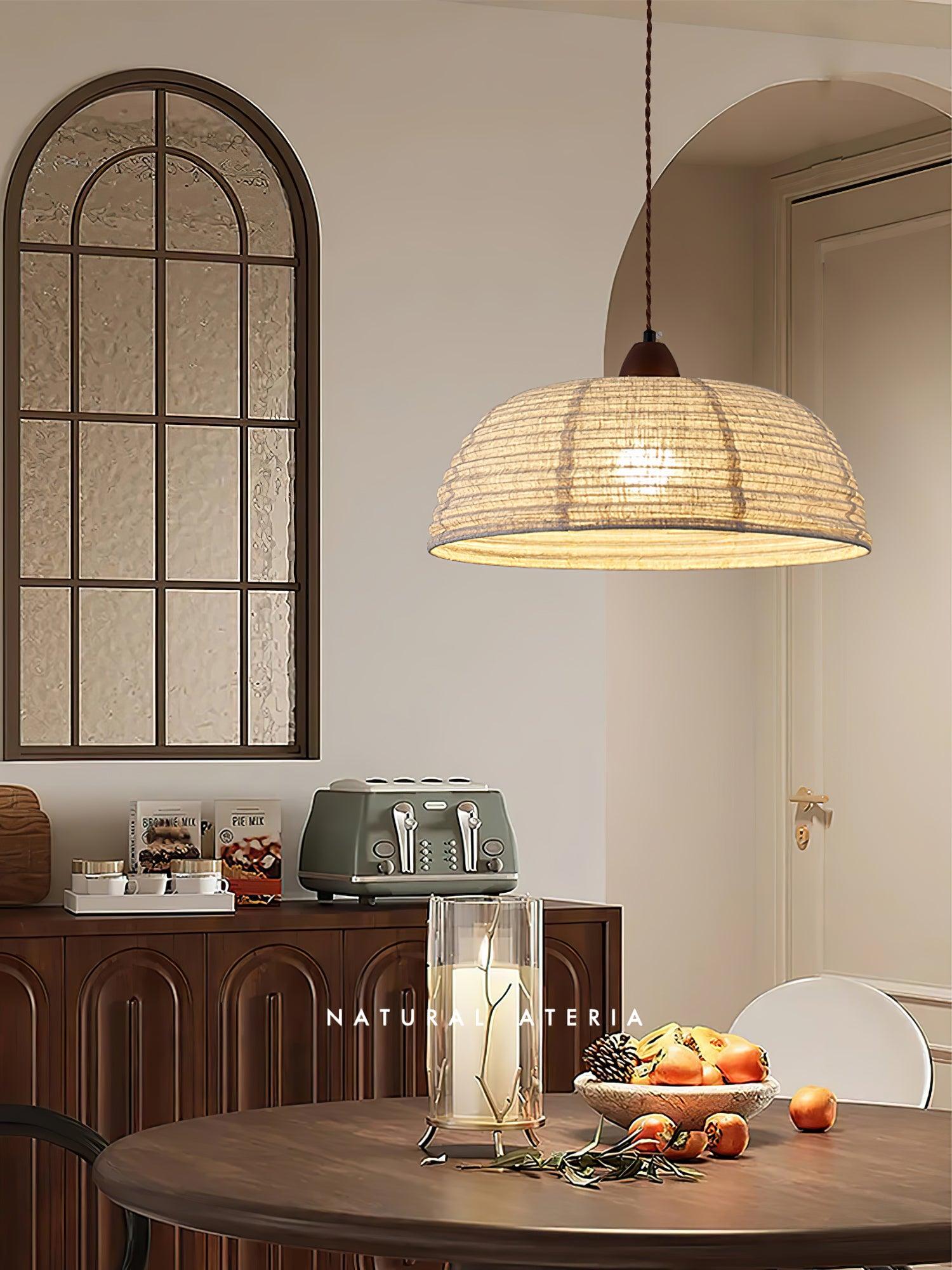 Modern Minimalist Walnut Wood and White Fabric Pendant Light for Dining and Living Areas
