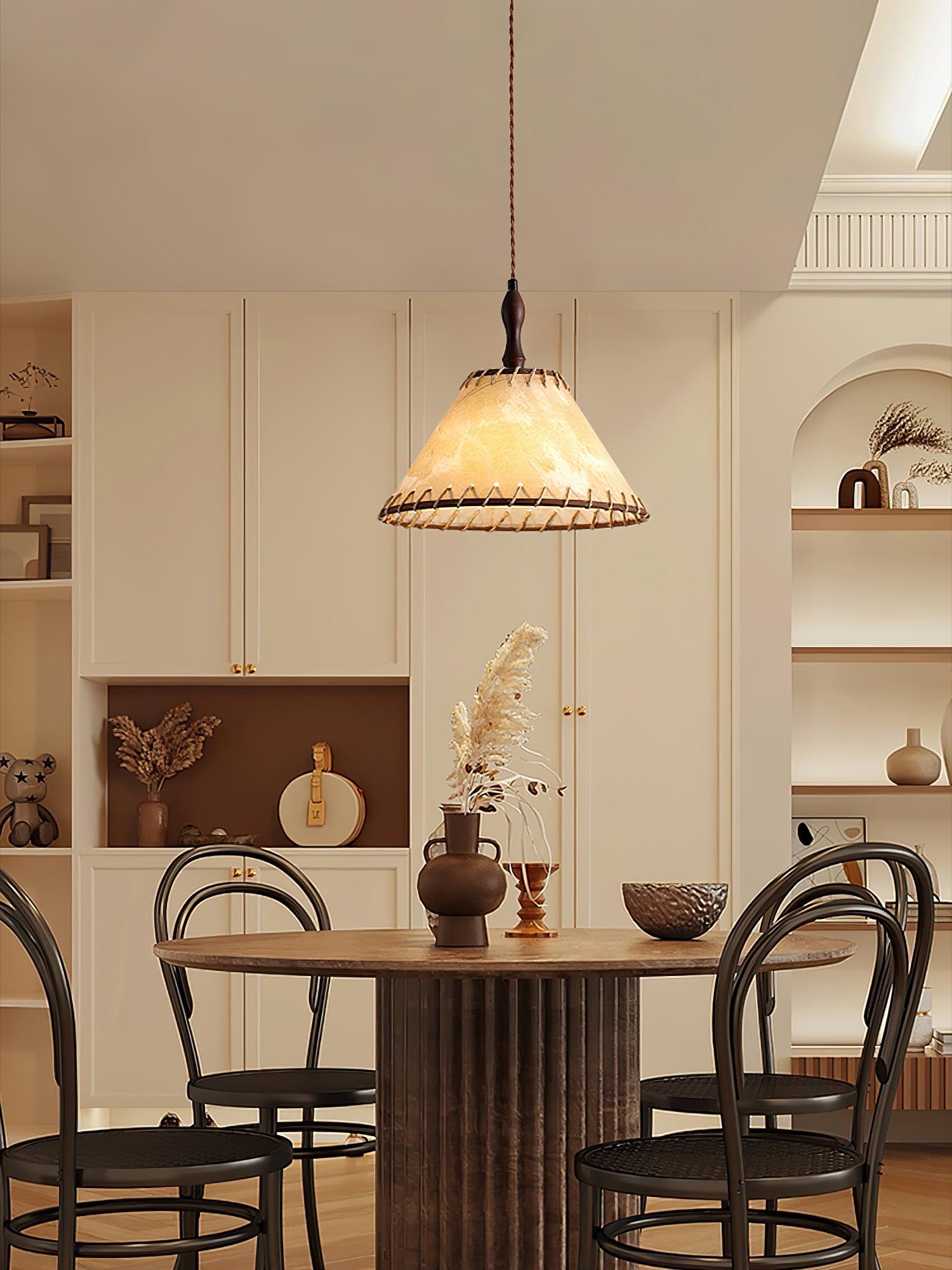 Modern Minimalist Walnut Wood and White Fabric Pendant Light for Dining and Living Areas