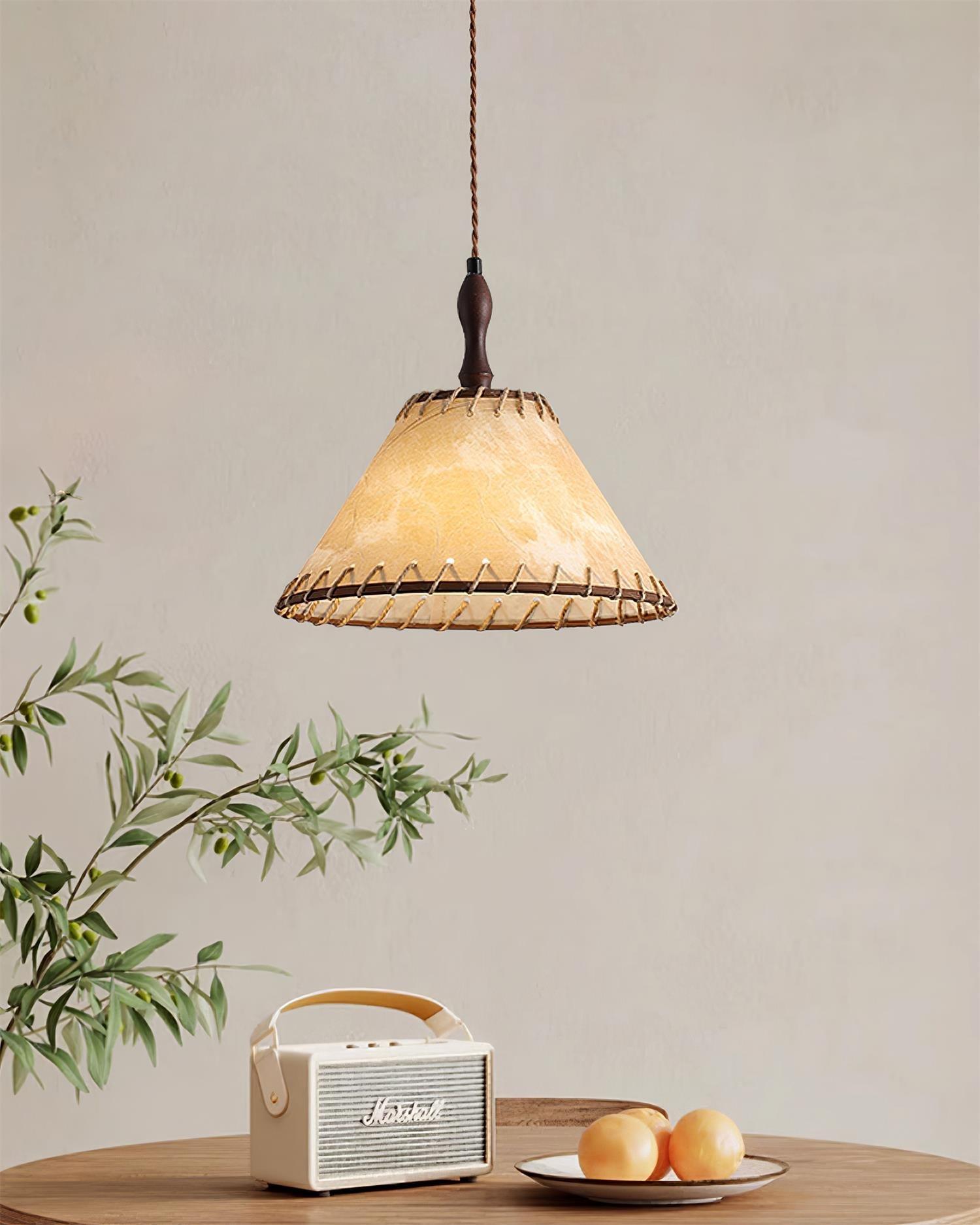 Modern Minimalist Walnut Wood and White Fabric Pendant Light for Dining and Living Areas