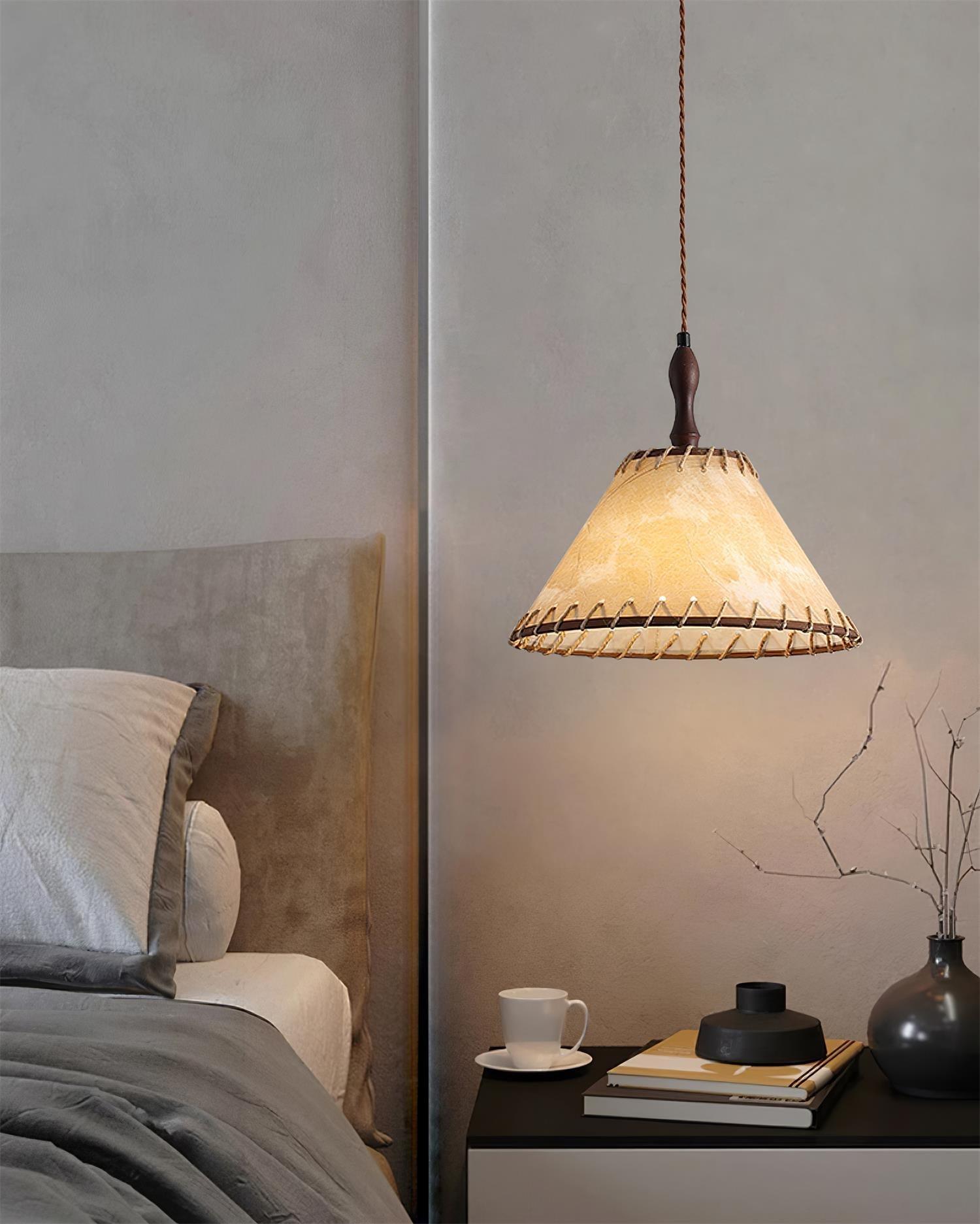 Modern Minimalist Walnut Wood and White Fabric Pendant Light for Dining and Living Areas