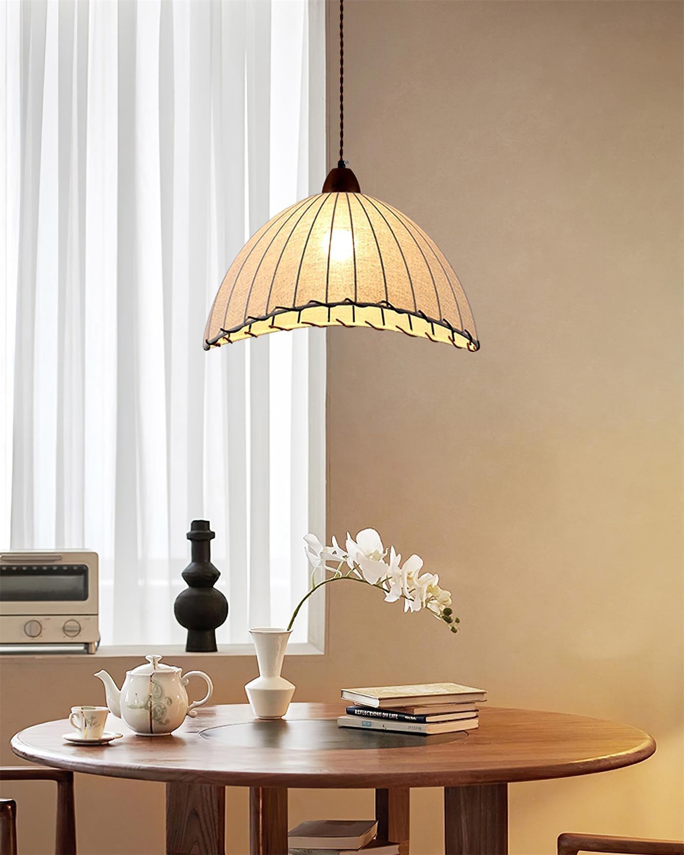 Modern Minimalist Walnut Wood and White Fabric Pendant Light for Dining and Living Areas