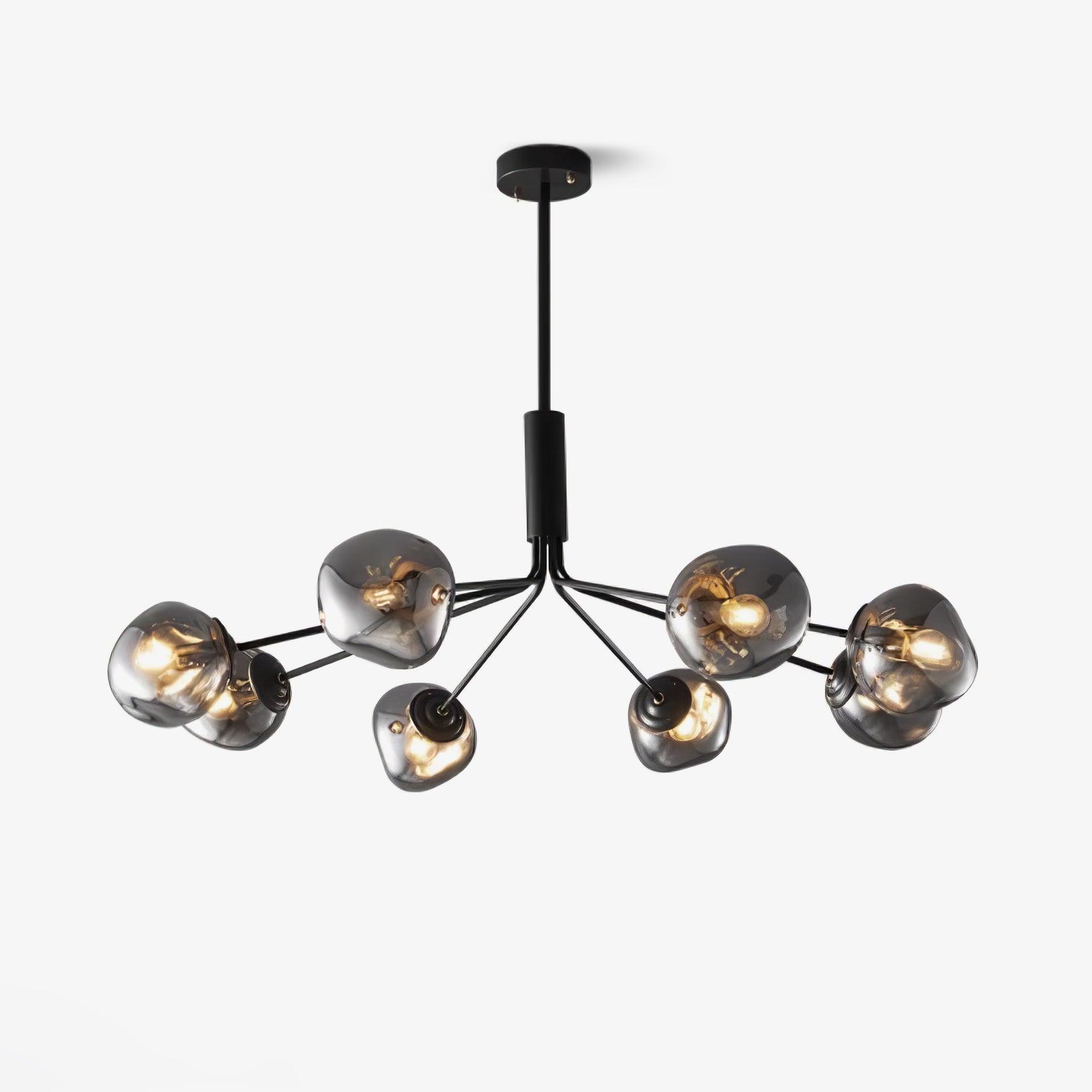 Modern Molecular Glass Melt Chandelier with Smoke Gray Shades and Black Metal Finish