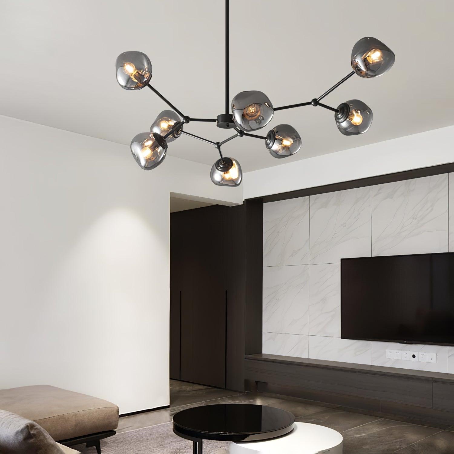 Modern Molecular Glass Melt Chandelier with Smoke Gray Shades and Black Metal Finish