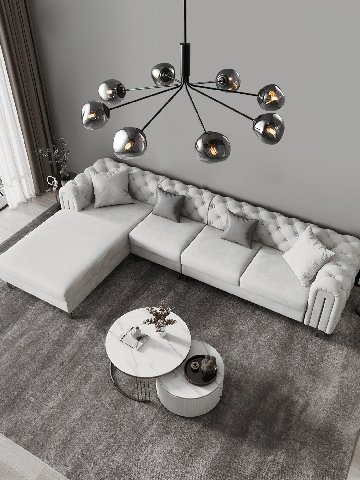 Modern Molecular Glass Melt Chandelier with Smoke Gray Shades and Black Metal Finish