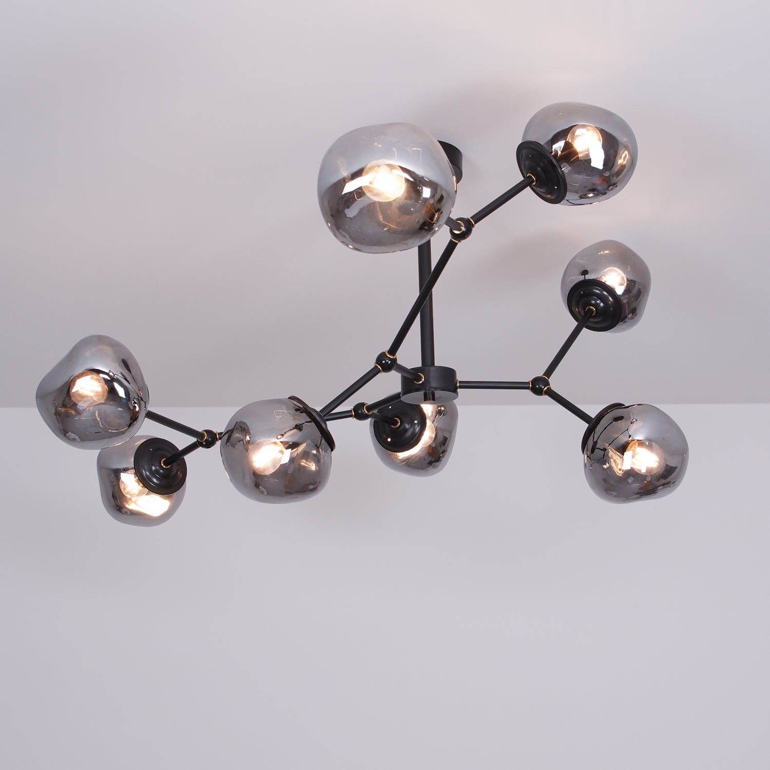 Modern Molecular Glass Melt Chandelier with Smoke Gray Shades and Black Metal Finish
