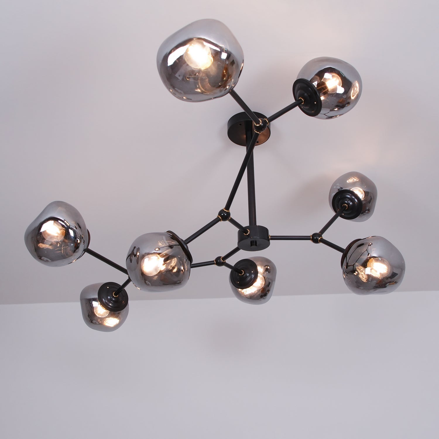 Modern Molecular Glass Melt Chandelier with Smoke Gray Shades and Black Metal Finish