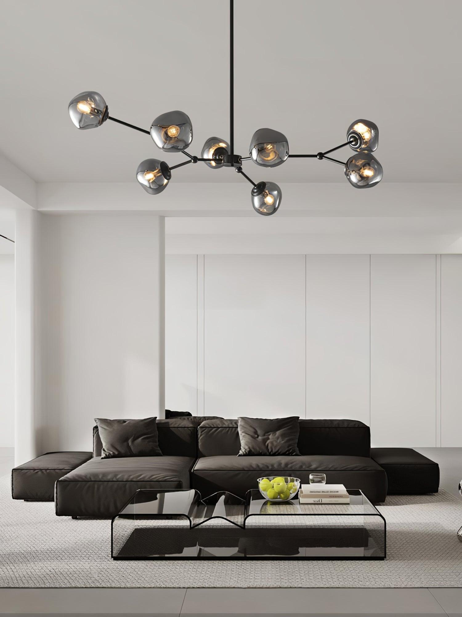 Modern Molecular Glass Melt Chandelier with Smoke Gray Shades and Black Metal Finish