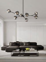 Modern Molecular Glass Melt Chandelier with Smoke Gray Shades and Black Metal Finish