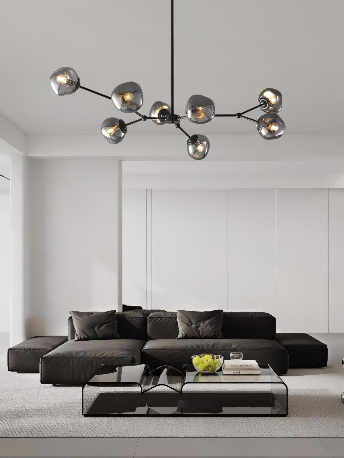 Modern Molecular Glass Melt Chandelier with Smoke Gray Shades and Black Metal Finish