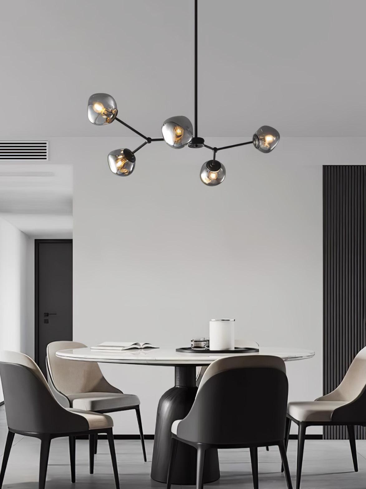 Modern Molecular Glass Melt Chandelier with Smoke Gray Shades and Black Metal Finish