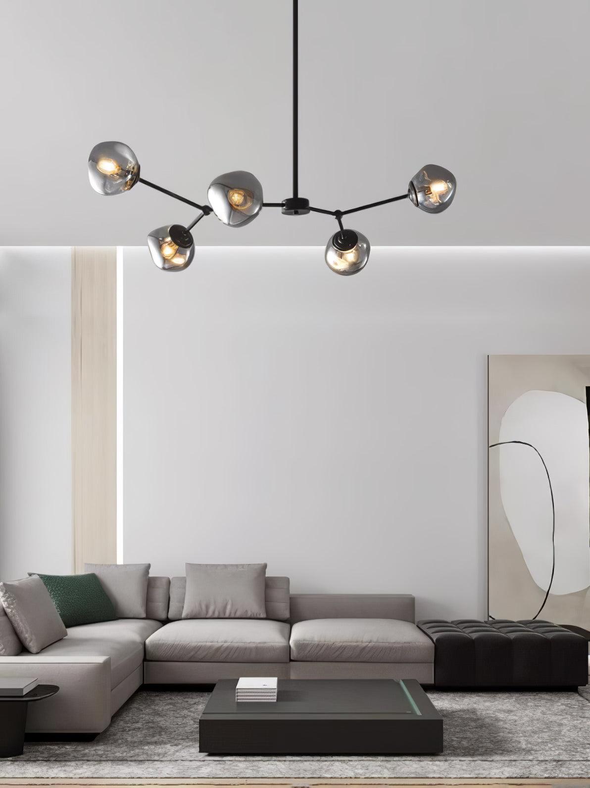 Modern Molecular Glass Melt Chandelier with Smoke Gray Shades and Black Metal Finish