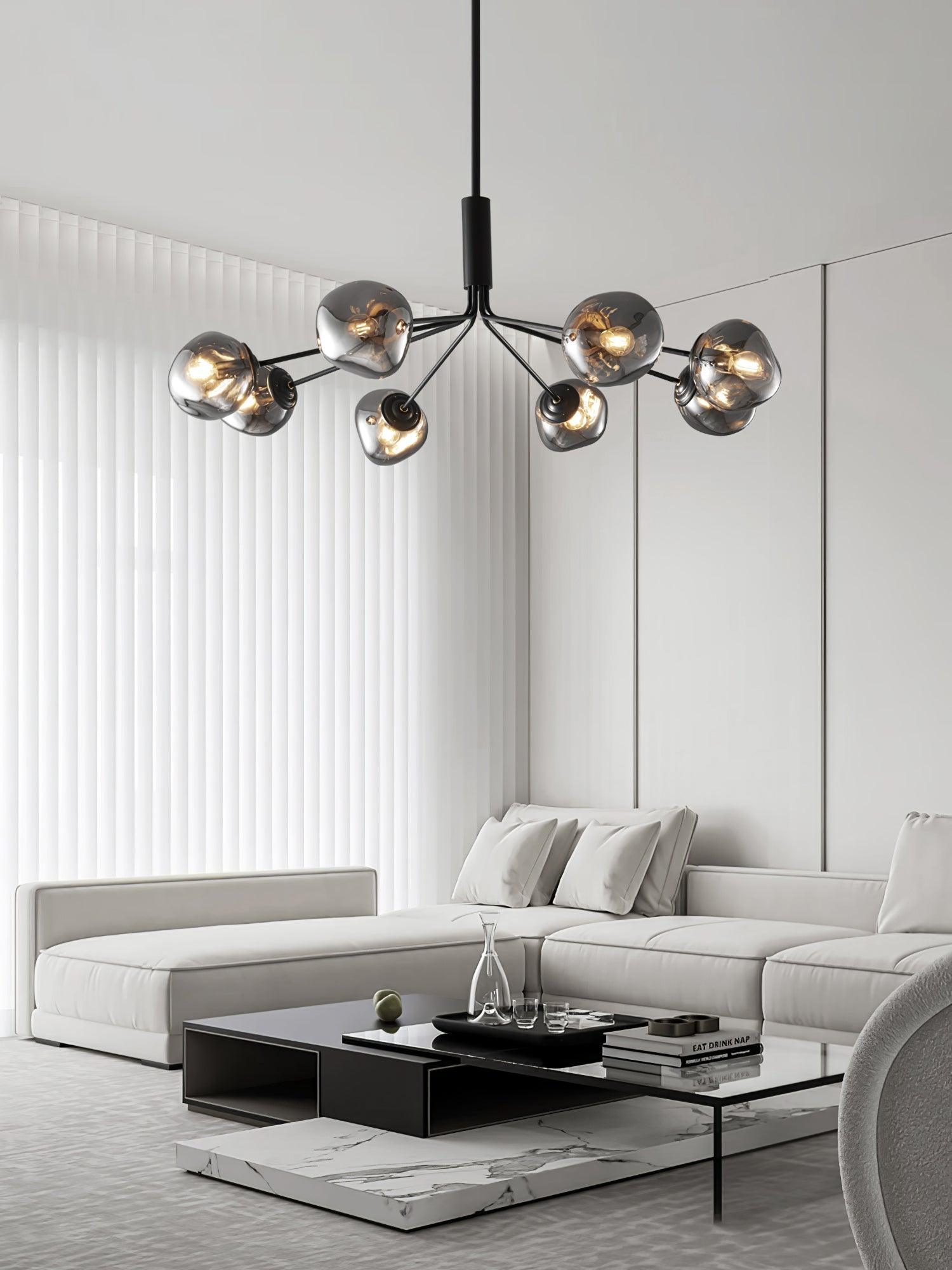 Modern Molecular Glass Melt Chandelier with Smoke Gray Shades and Black Metal Finish
