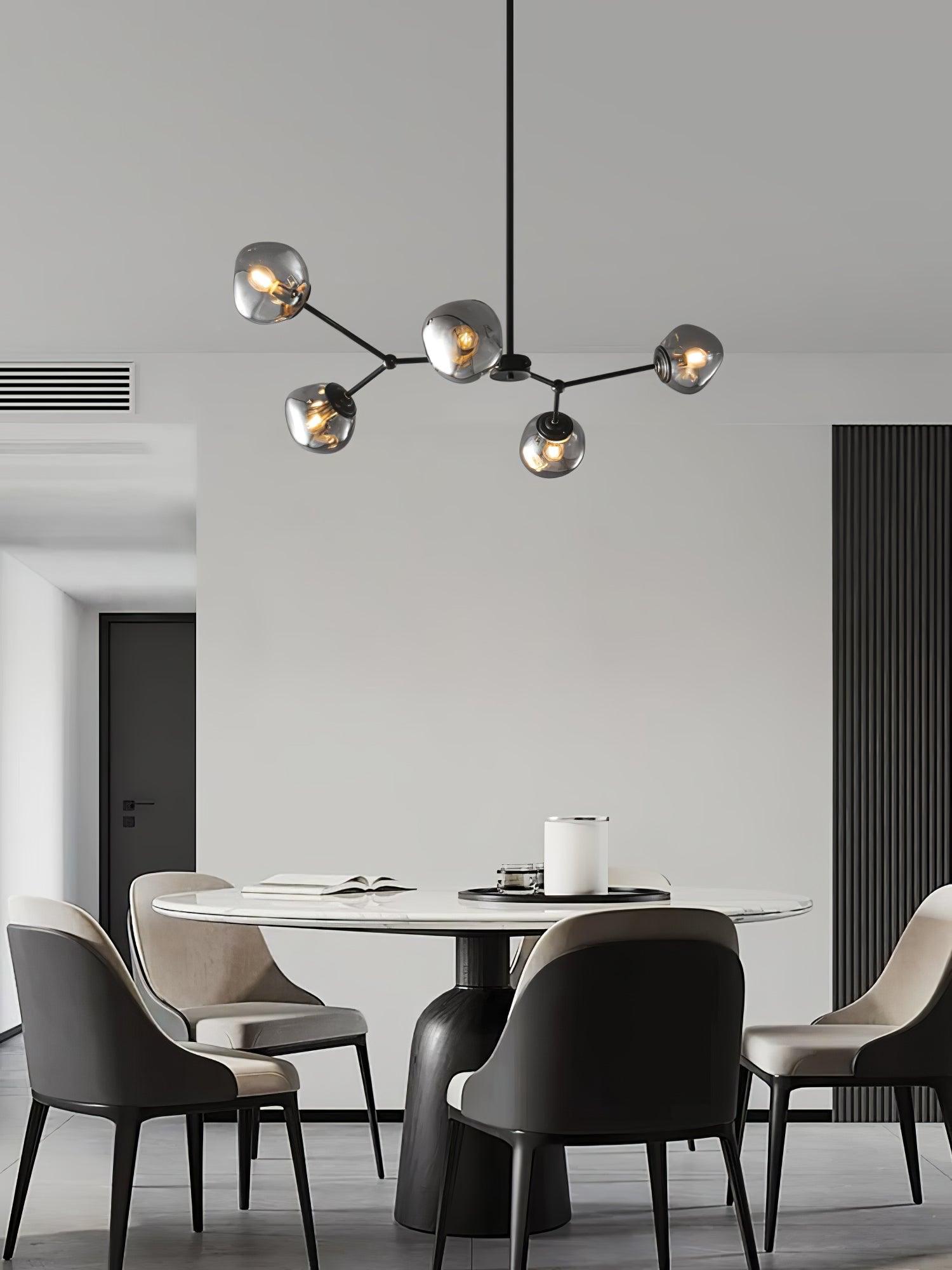 Modern Molecular Glass Melt Chandelier with Smoke Gray Shades and Black Metal Finish