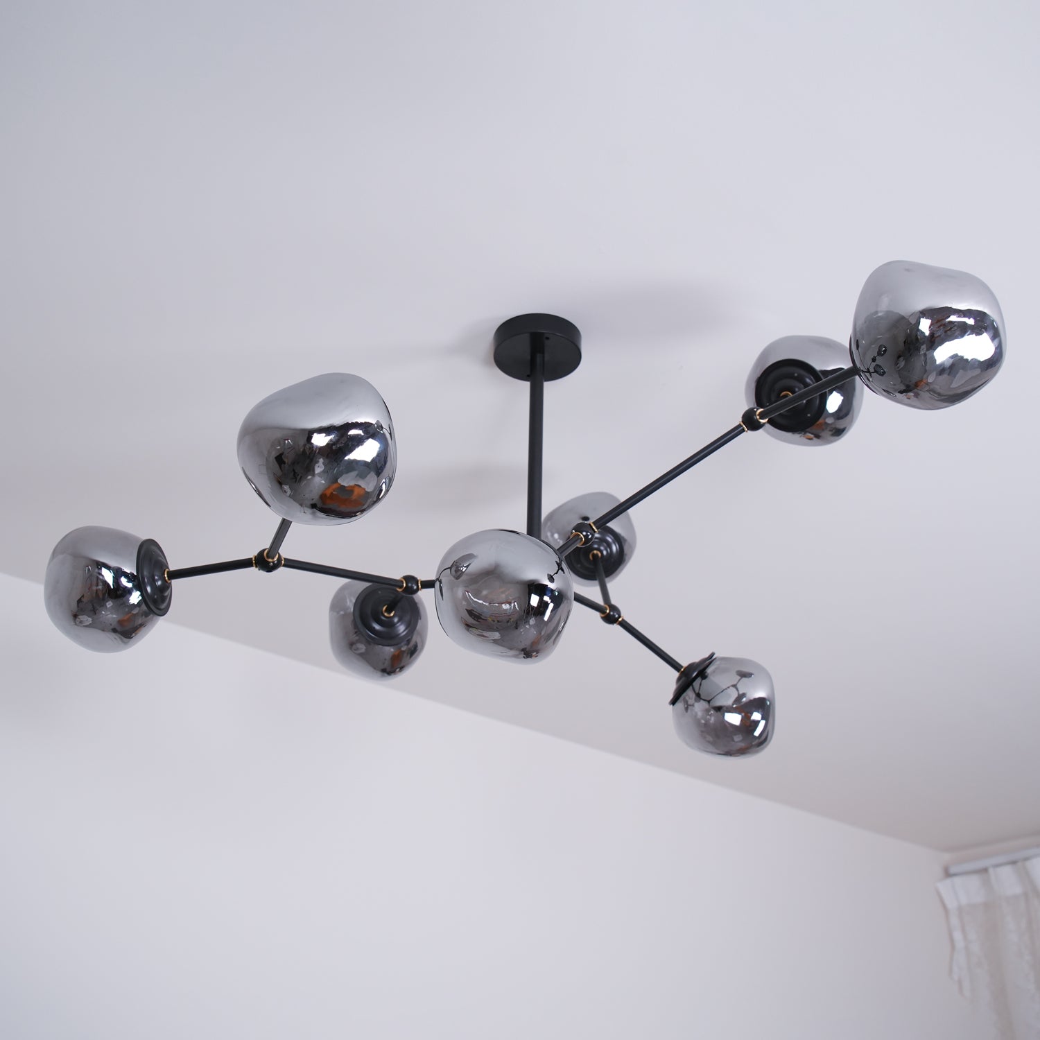 Modern Molecular Glass Melt Chandelier with Smoke Gray Shades and Black Metal Finish