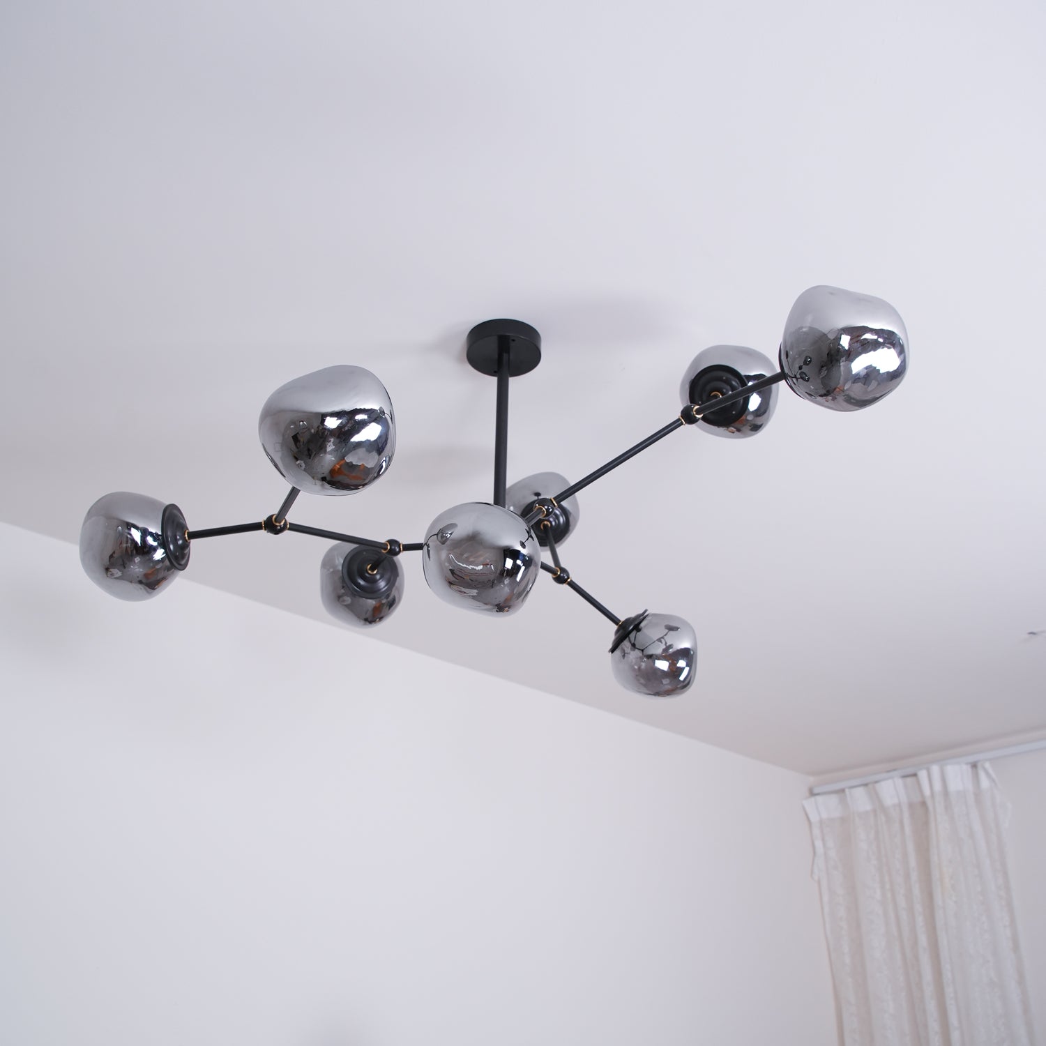Modern Molecular Glass Melt Chandelier with Smoke Gray Shades and Black Metal Finish