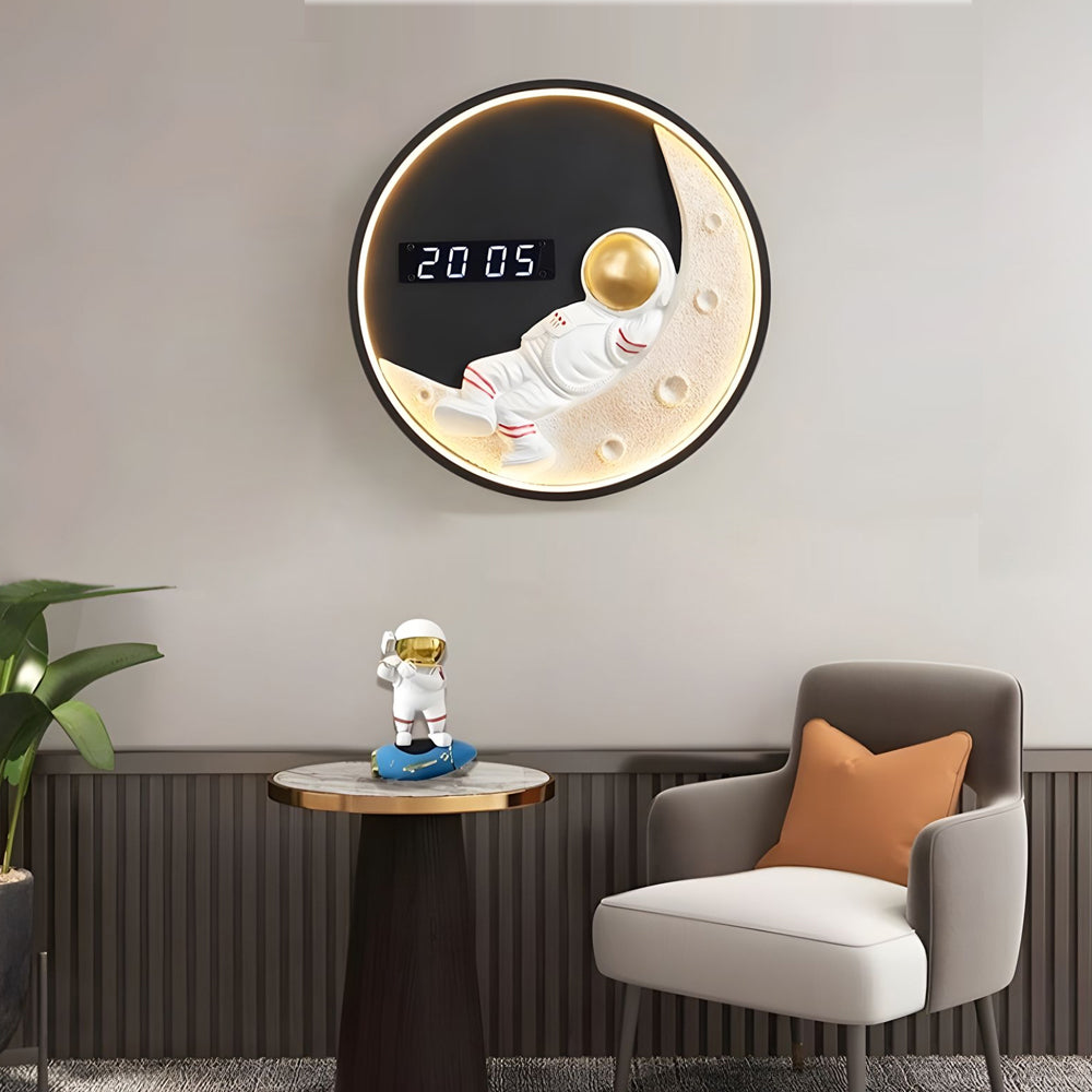 Modern Moon LED Wall Light with Digital Clock and Astronaut Decor Dimmable 3 Color Sconce