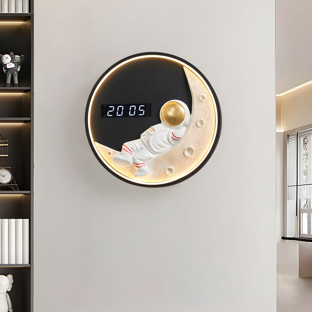 Modern Moon LED Wall Light with Digital Clock and Astronaut Decor Dimmable 3 Color Sconce