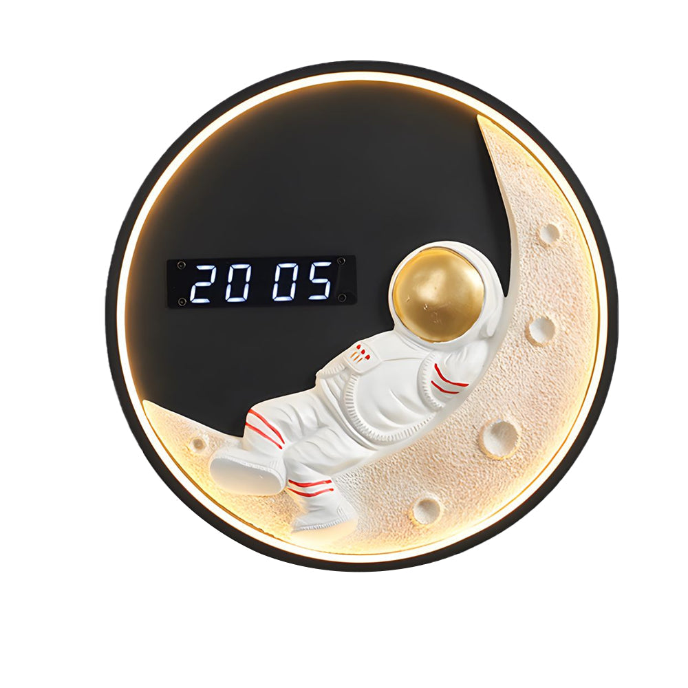 Modern Moon LED Wall Light with Digital Clock and Astronaut Decor Dimmable 3 Color Sconce