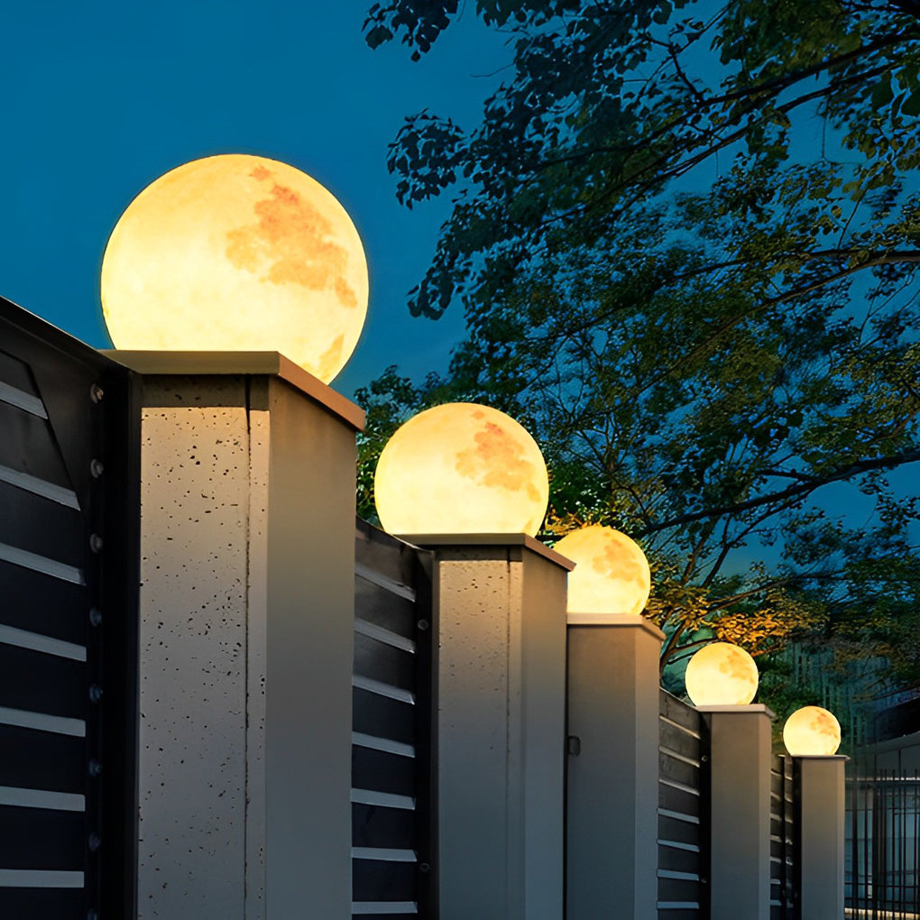 Modern Moon Outdoor Pier Mount Pillar Light Globe Sphere Solar Powered Path Lamp