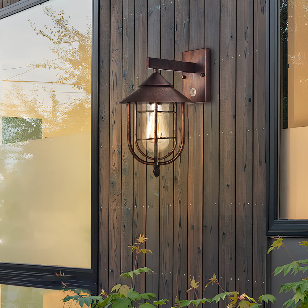 Modern Motion Sensor Outdoor Wall Sconce Iron and Glass Waterproof Retro Exterior Light for Porch