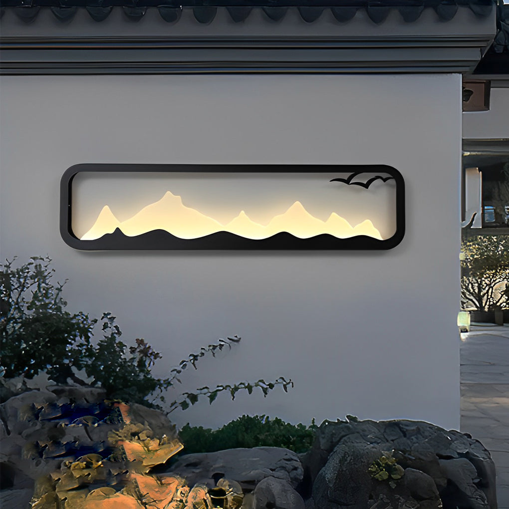 Modern Mountain Scenery LED Outdoor Wall Sconce Waterproof Black Rectangular Garden Yard Lighting