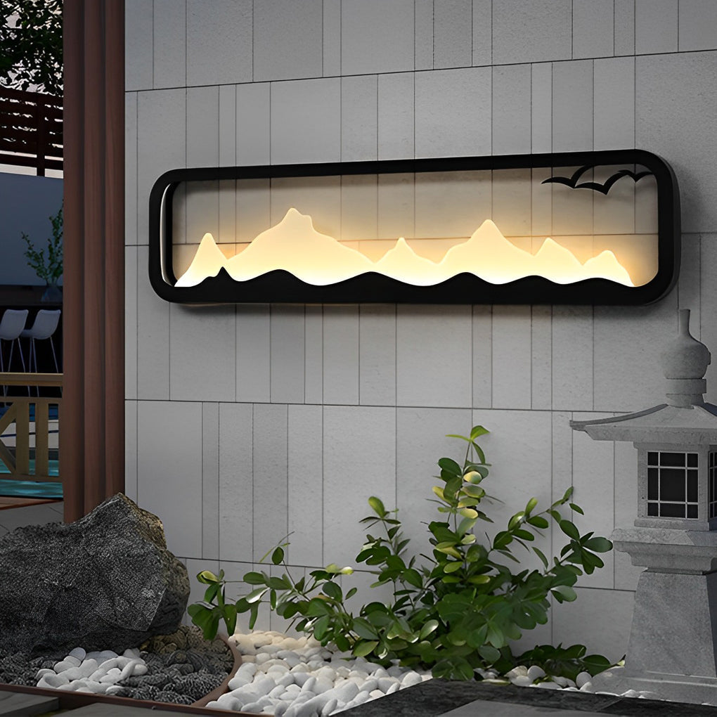 Modern Mountain Scenery LED Outdoor Wall Sconce Waterproof Black Rectangular Garden Yard Lighting