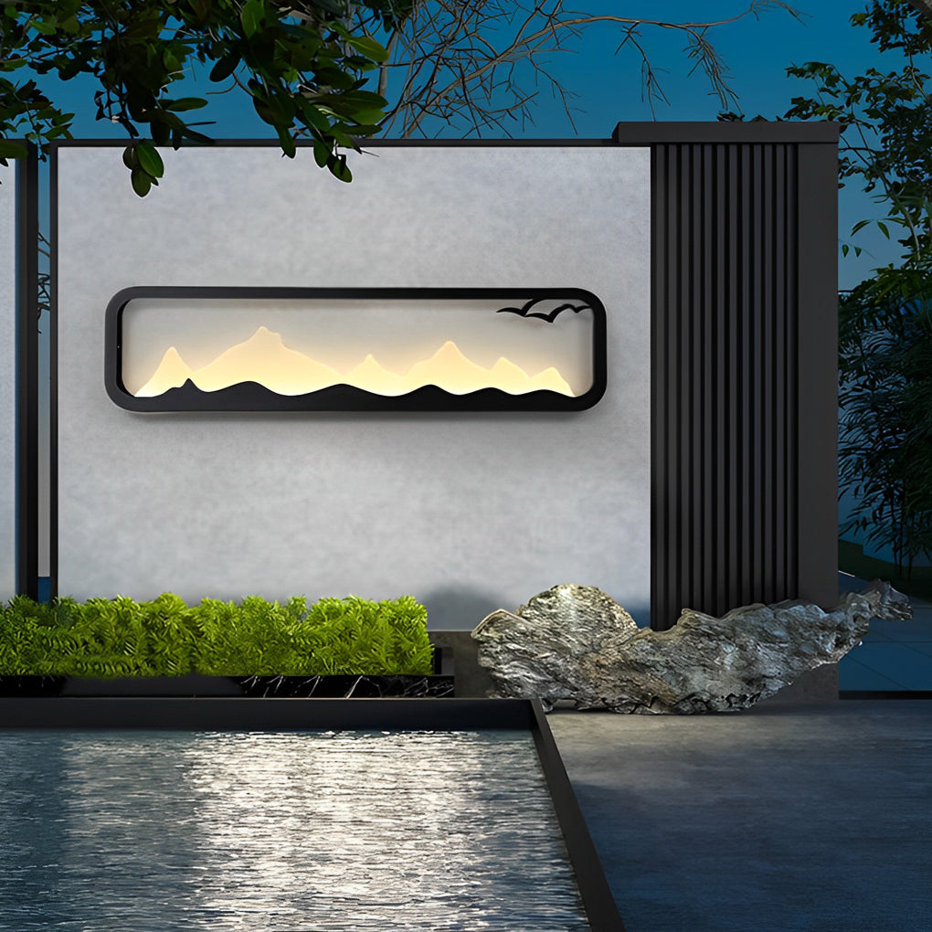 Modern Mountain Scenery LED Outdoor Wall Sconce Waterproof Black Rectangular Garden Yard Lighting