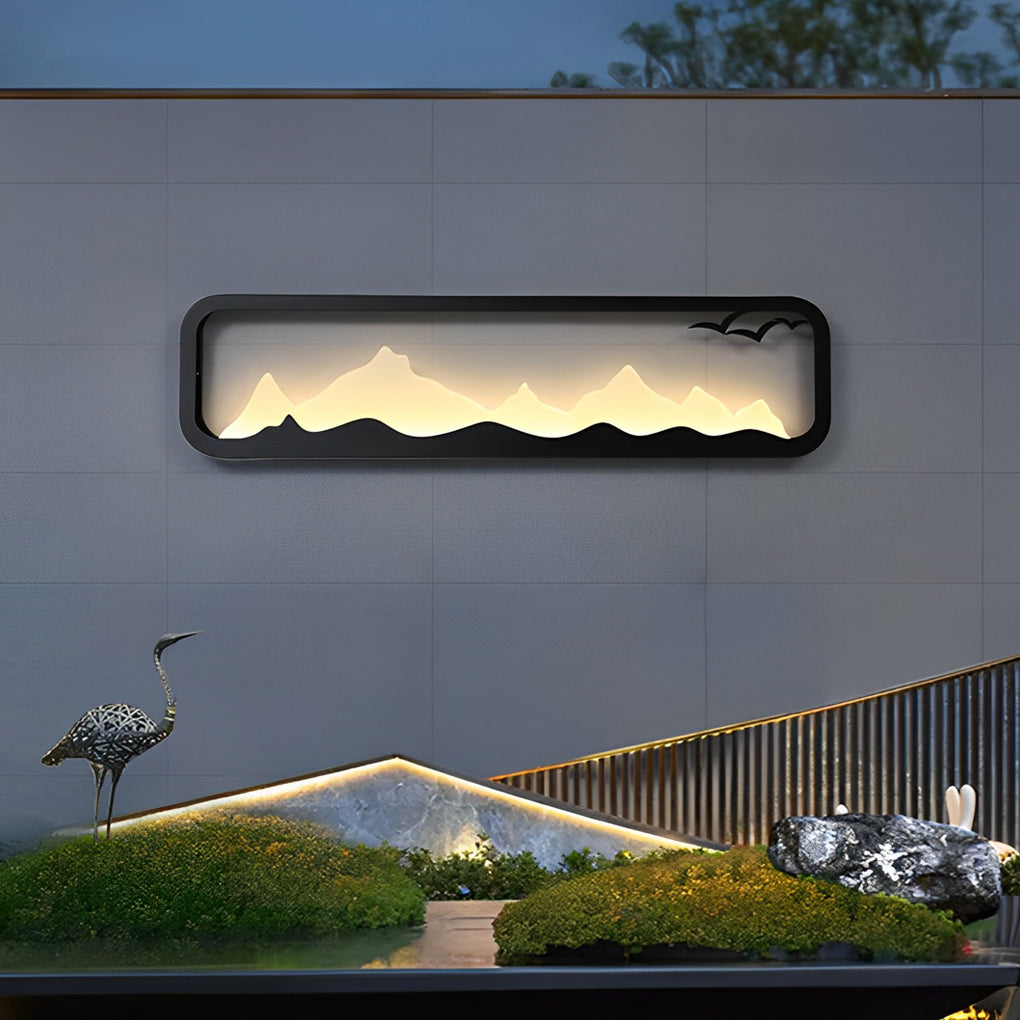 Modern Mountain Scenery LED Outdoor Wall Sconce Waterproof Black Rectangular Garden Yard Lighting