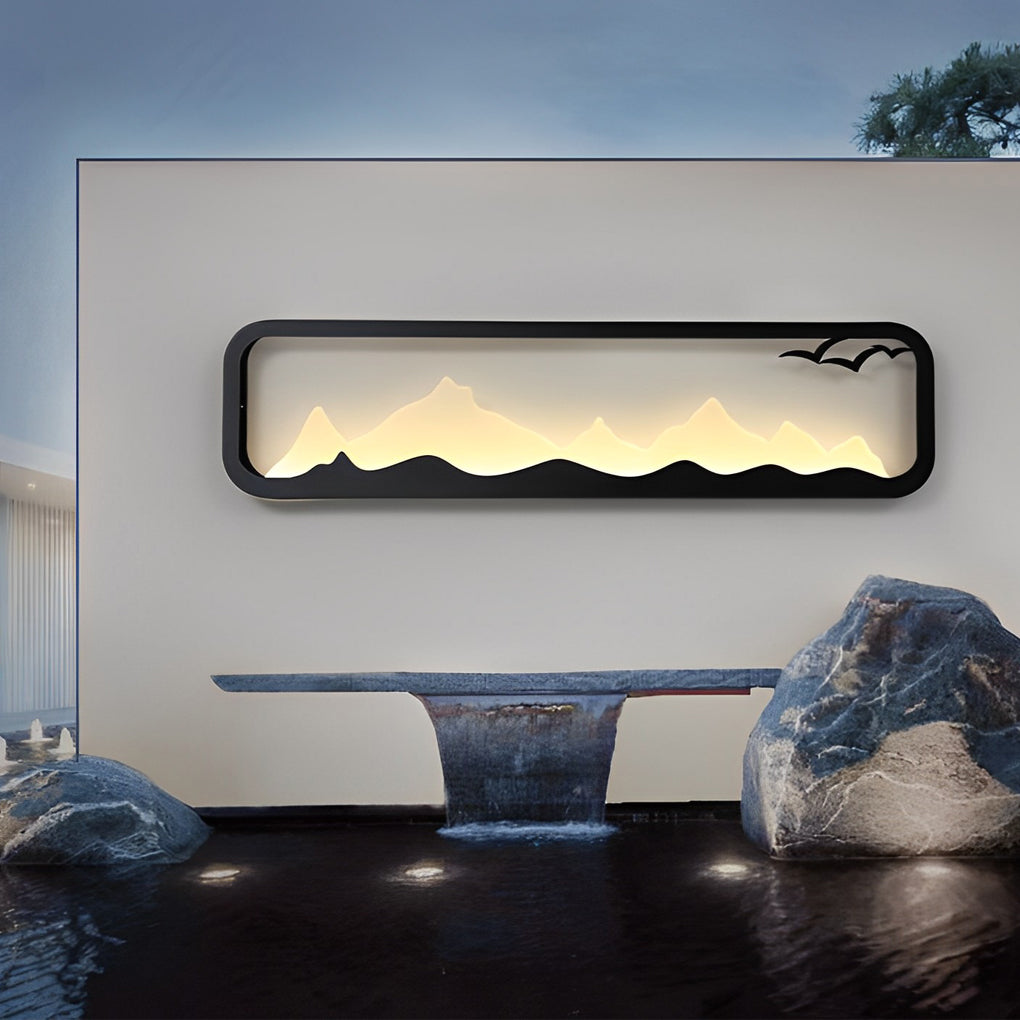 Modern Mountain Scenery LED Outdoor Wall Sconce Waterproof Black Rectangular Garden Yard Lighting