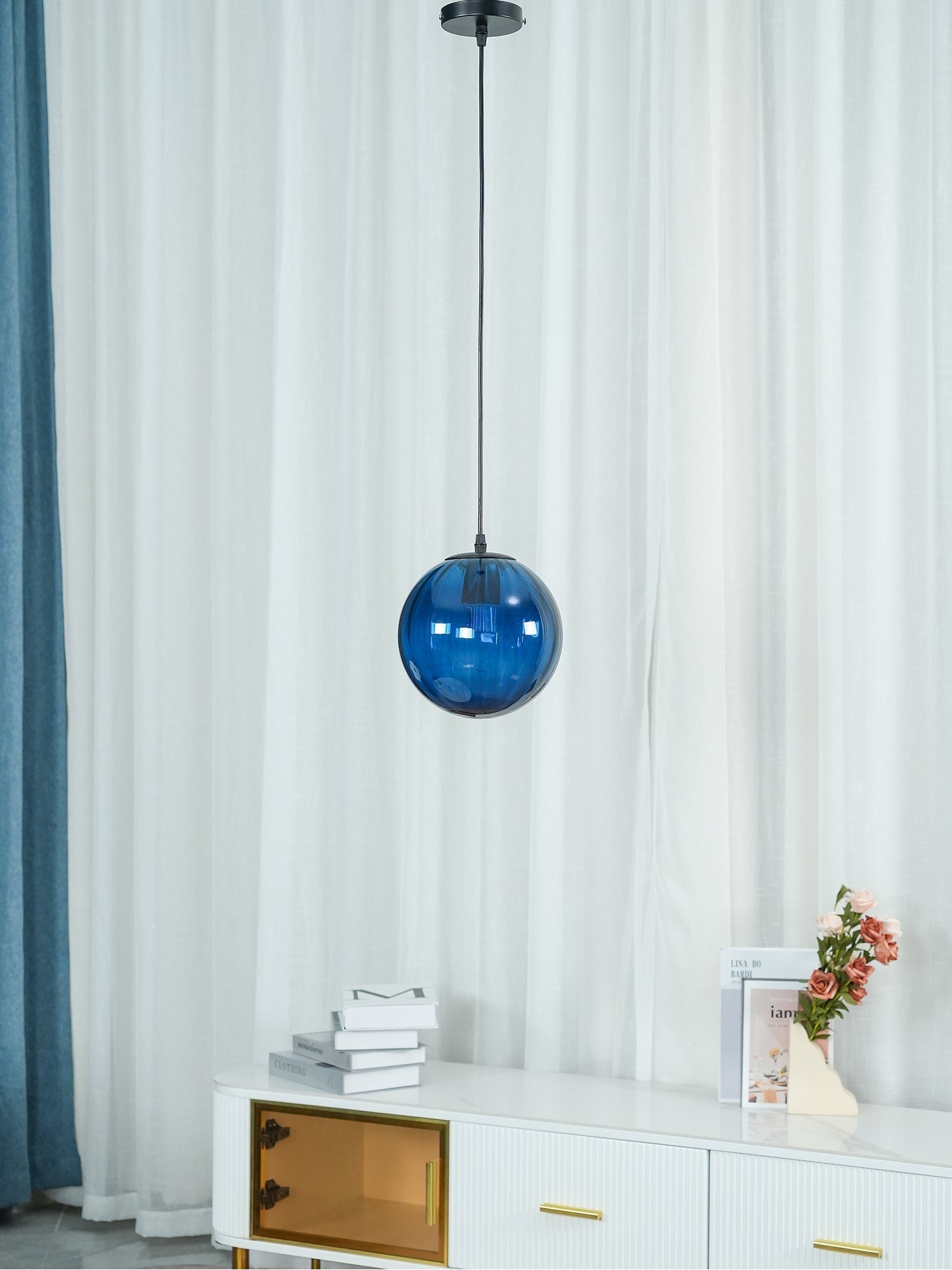 Modern Mouth Blown Glass Globe Pendant Light with Adjustable Metal Stalk for Indoor Ceilings