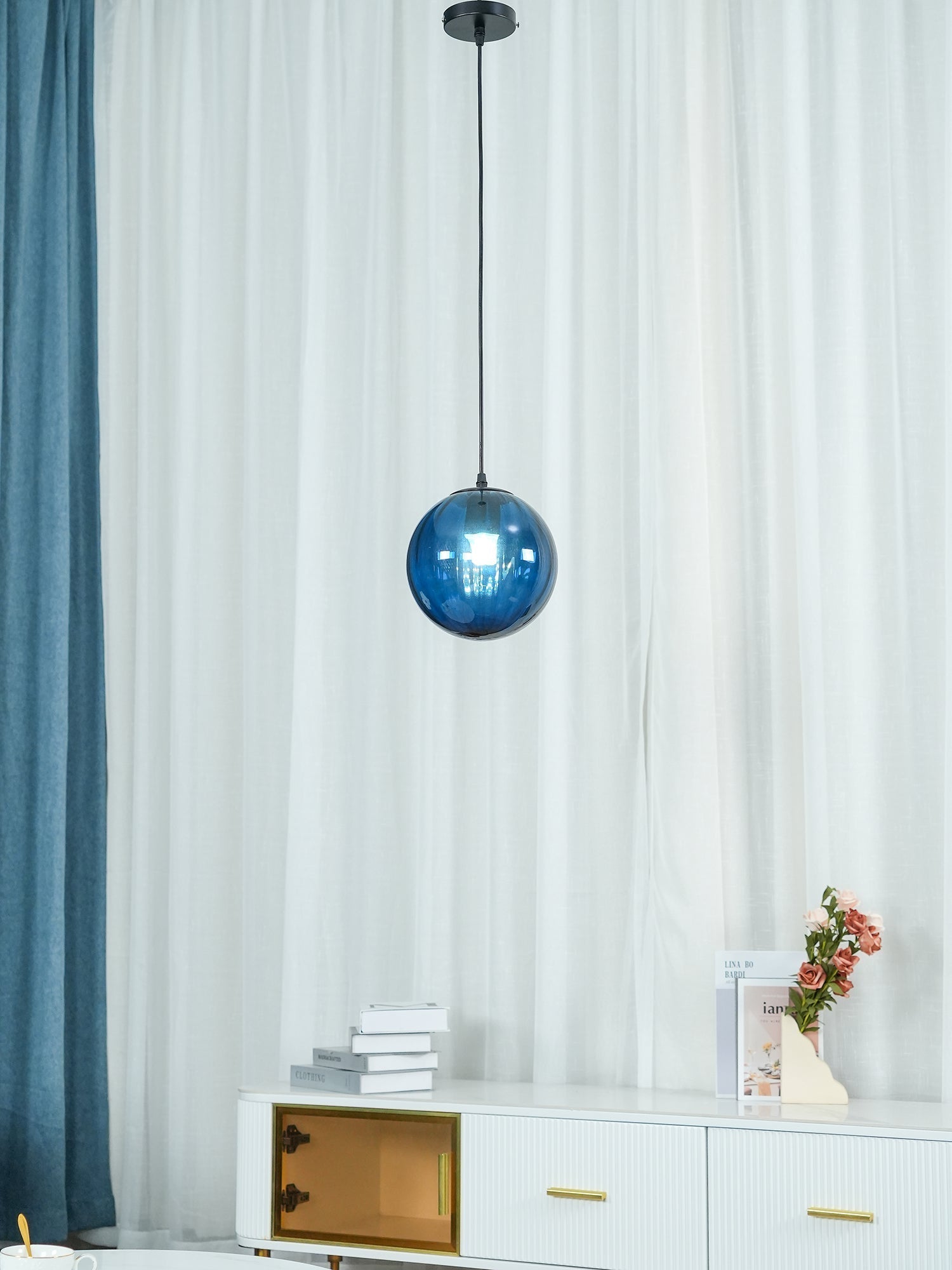 Modern Mouth Blown Glass Globe Pendant Light with Adjustable Metal Stalk for Indoor Ceilings