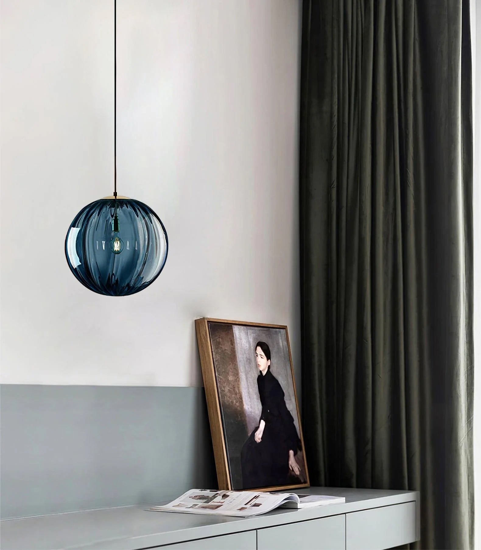 Modern Mouth Blown Glass Globe Pendant Light with Adjustable Metal Stalk for Indoor Ceilings
