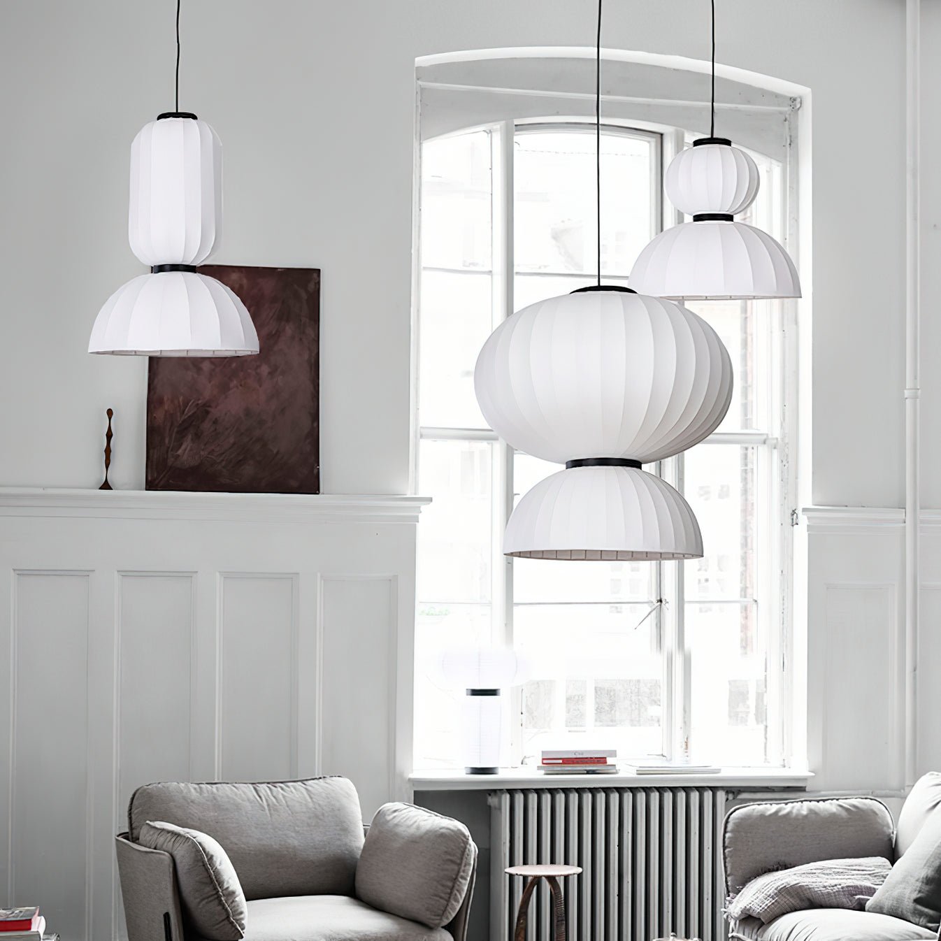 Modern Mulberry Silk Lantern Pendant Light White Fabric Chandelier with Oak Wood Ring